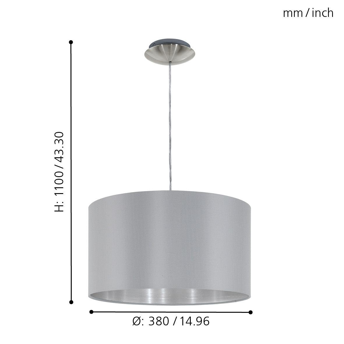 eglo maserlo nickel ceiling pendant with fabric grey silver shade living room close up