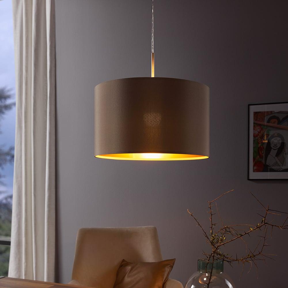 eglo maserlo nickel ceiling pendant with fabric taupe gold shade