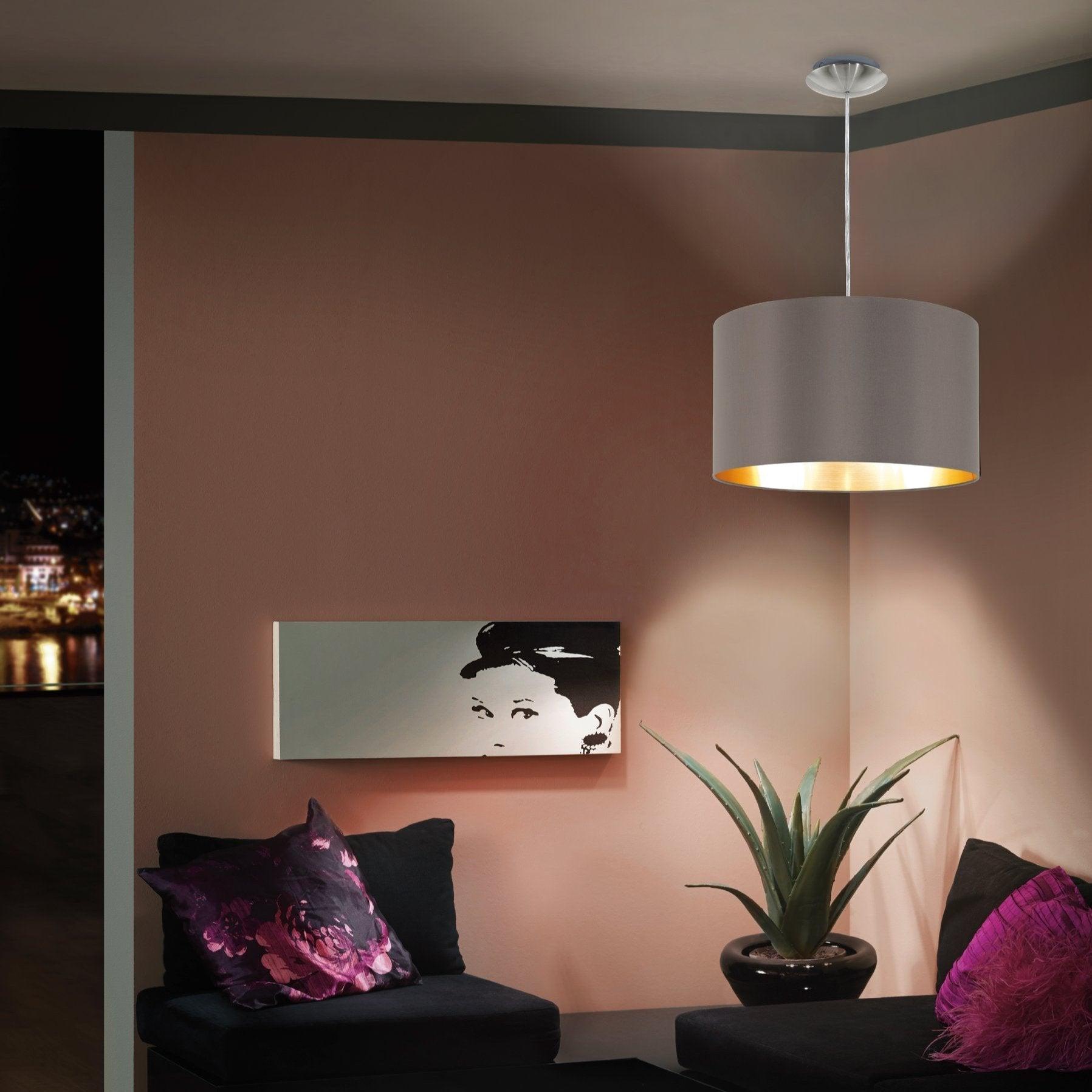 eglo maserlo nickel ceiling pendant with fabric brown gold shade