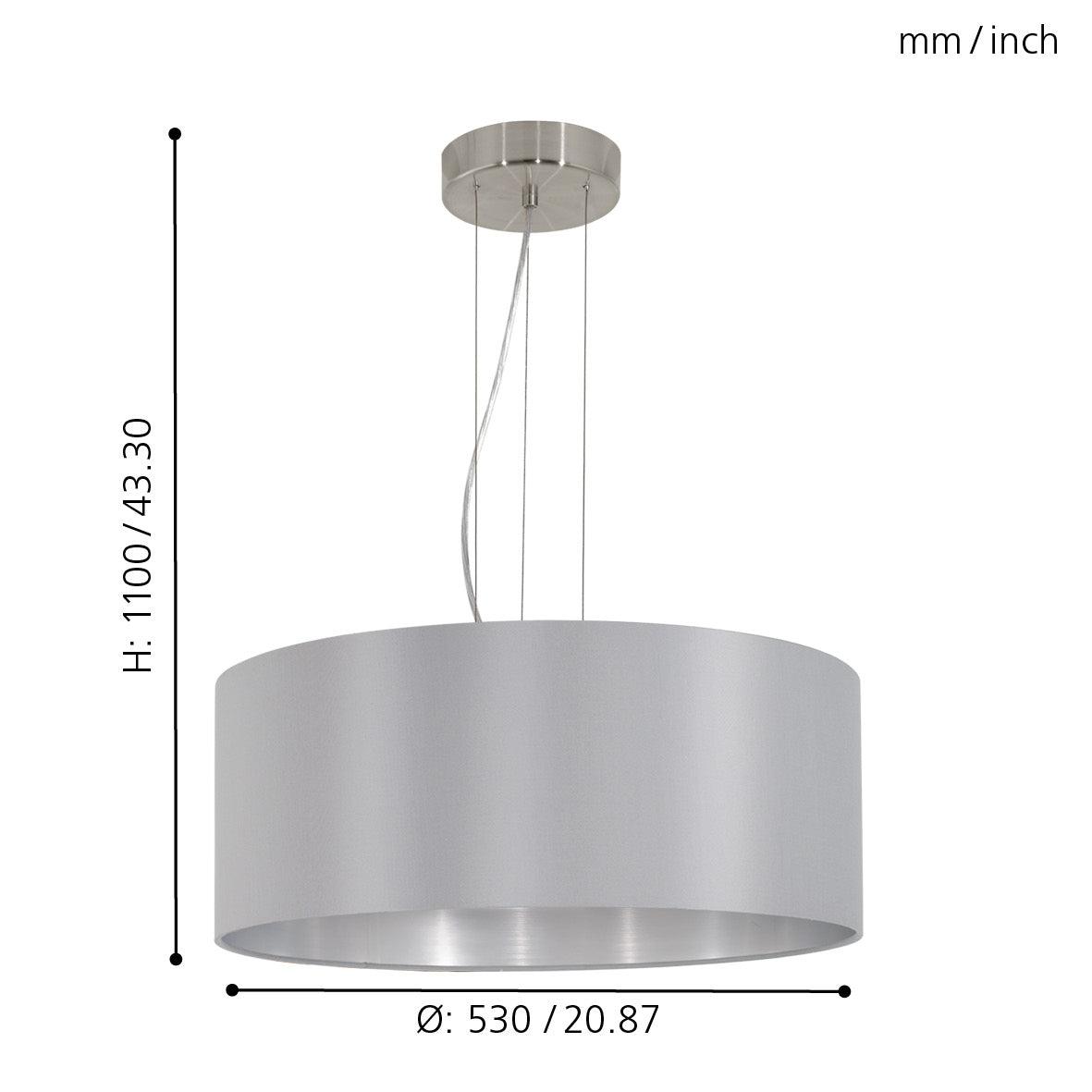 eglo maserlo nickel pendant ceiling light grey silver shade living room close up
