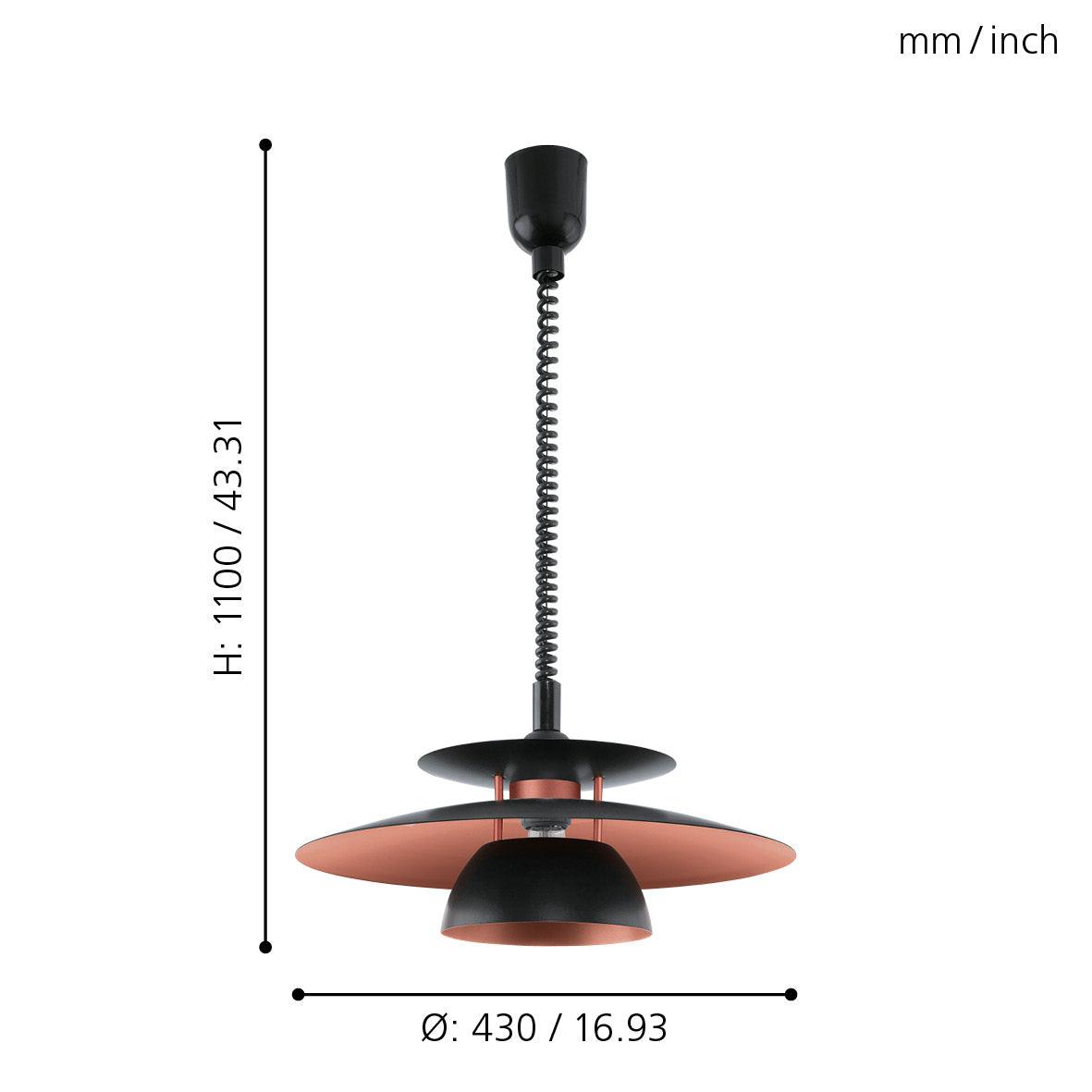 eglo brenda black copper height adjustable ceiling pendant living room close up
