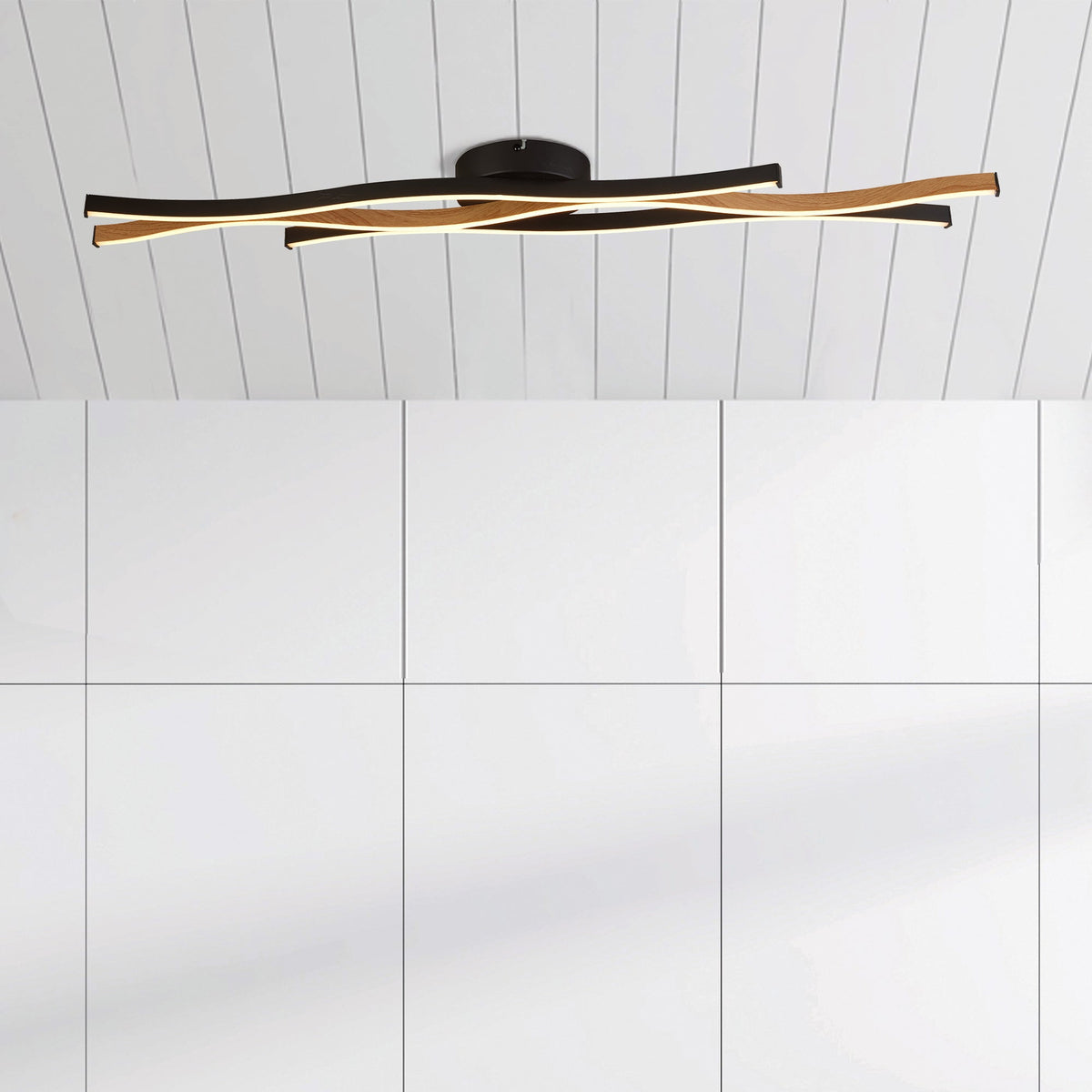 Searchlight Bloom Black Metal & Wood Effect LED Flush-OB-180926
