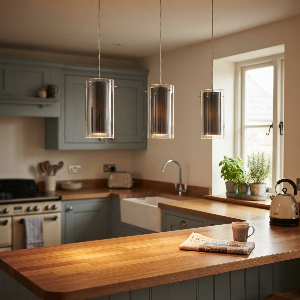 Eglo Pinto Textil 3 Light Nickel & Glass Cylinder Ceiling Pendant