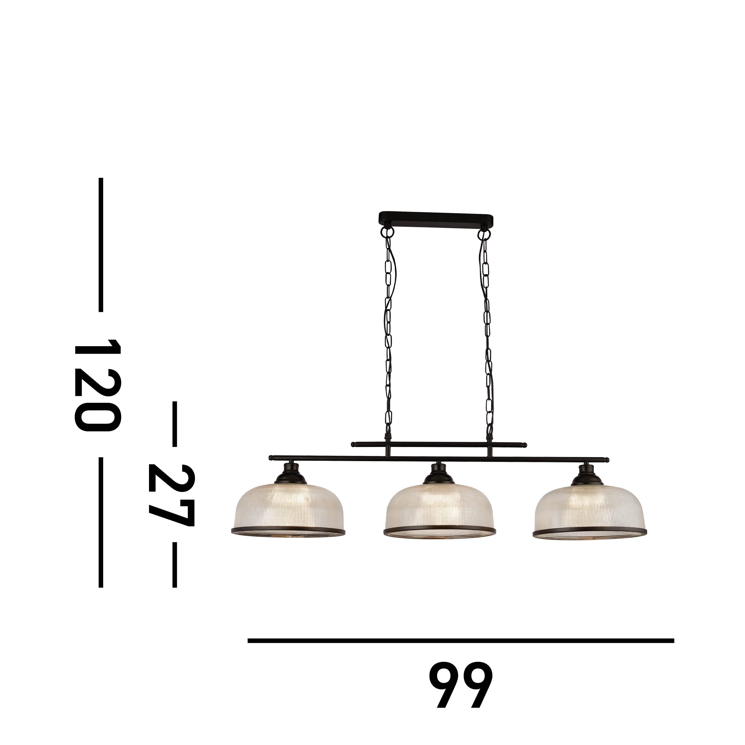 Searchlight Highworth 3 Light Black Bar Pendant - Holophane Style Glass Shade