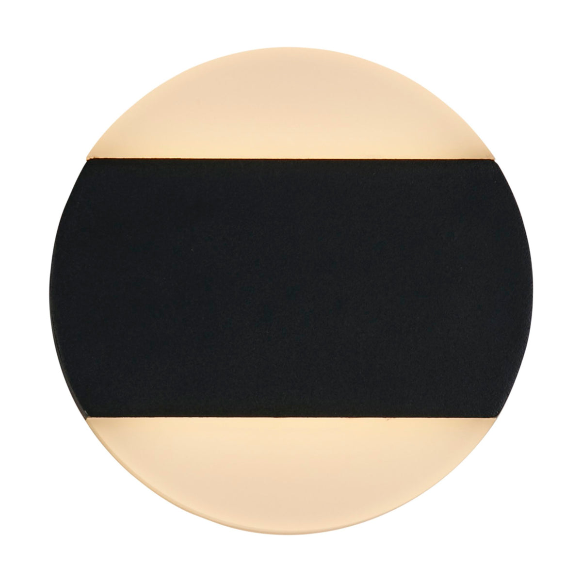 Cavern black LED wall light lit as a round disc with glowing top and bottom halves