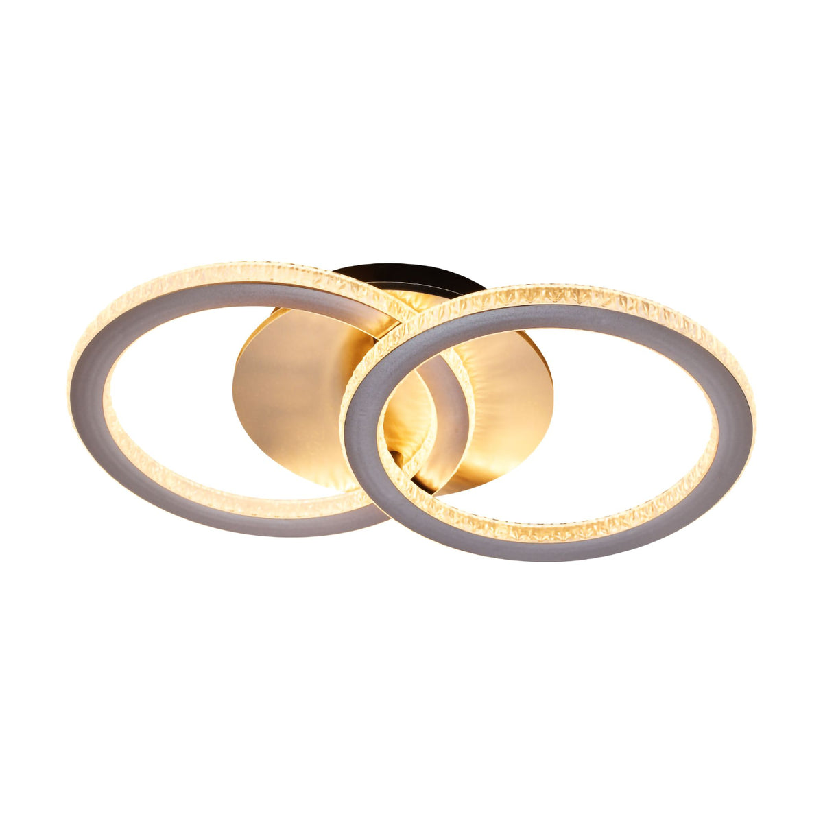 Specs champagne flush ceiling light lit, twin crystal-textured rings on a brushed gold plate