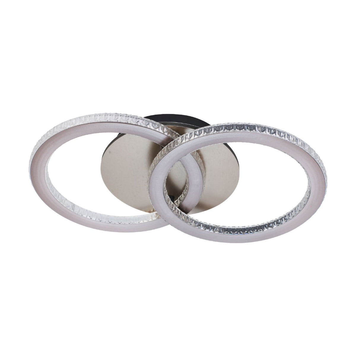 Specs champagne flush ceiling light unlit on white, two overlapping rings on a gold plate