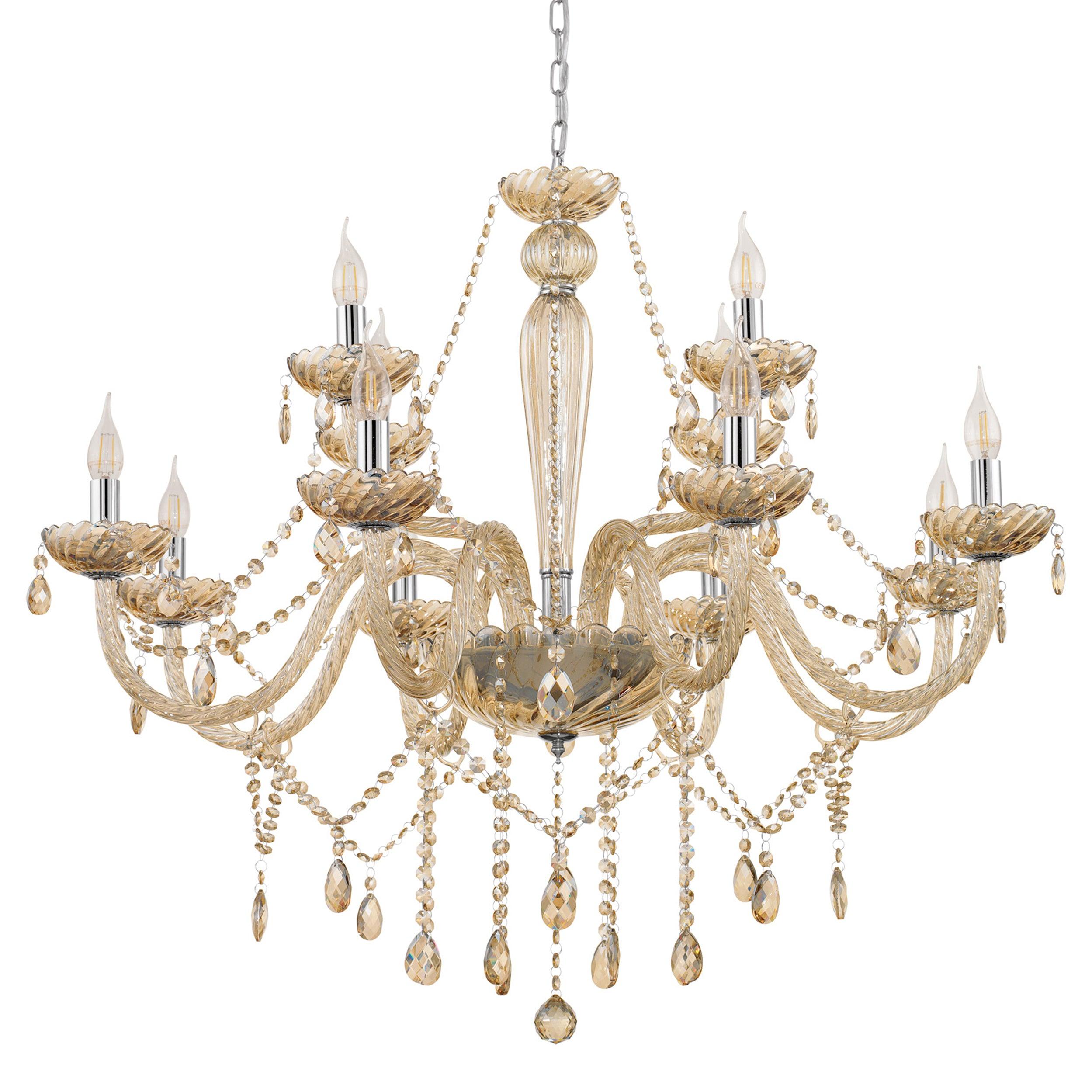 eglo basilano 12 light chrome cognac glass chandelier living room close up