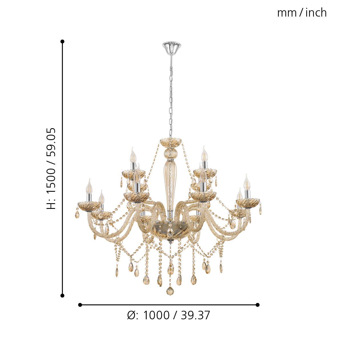 eglo basilano 12 light chrome cognac glass chandelier kitchen lighting 