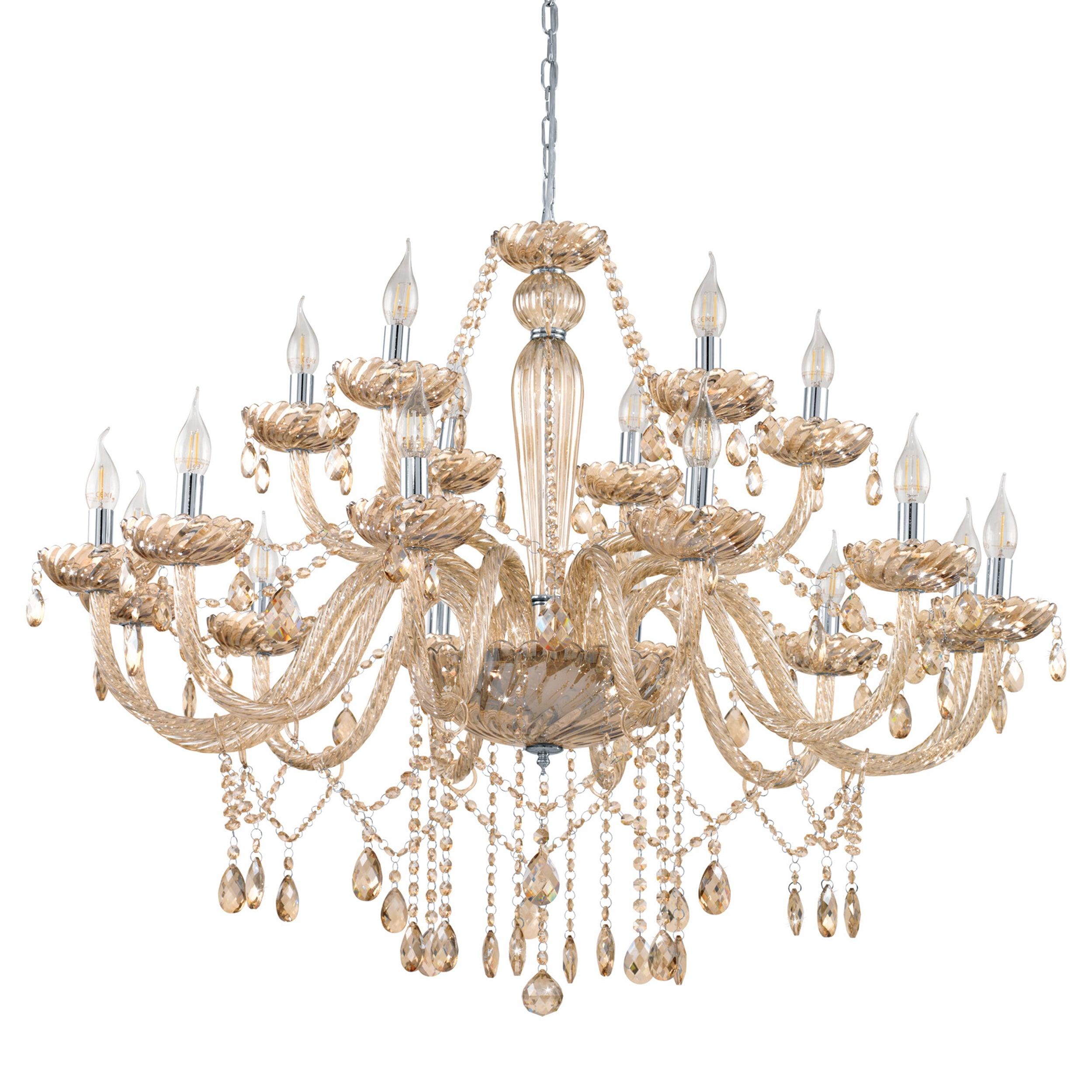 eglo basilano 18 light chrome cognac glass chandelier living room close up