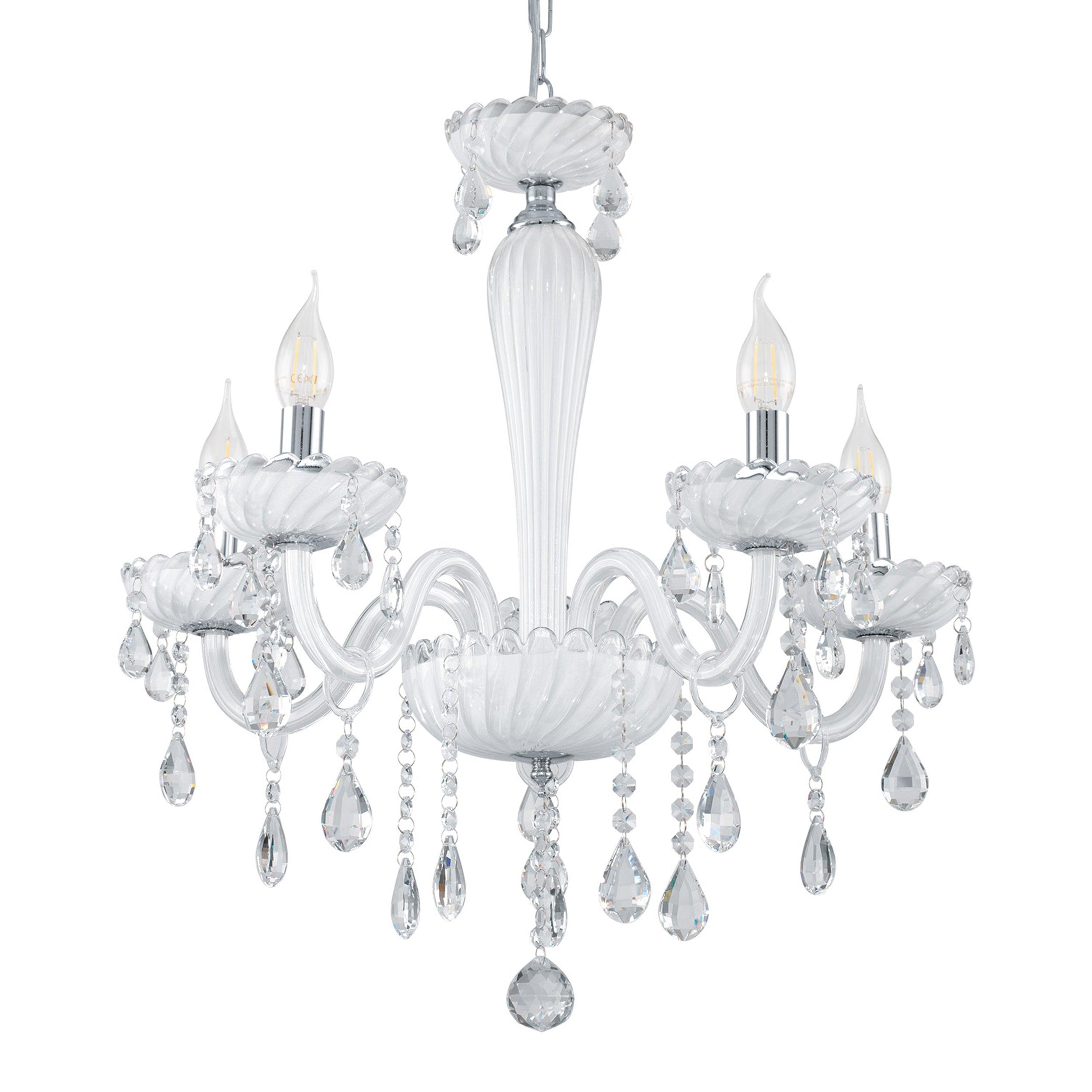 eglo carpento 5 light chrome white glass chandelier living room close up