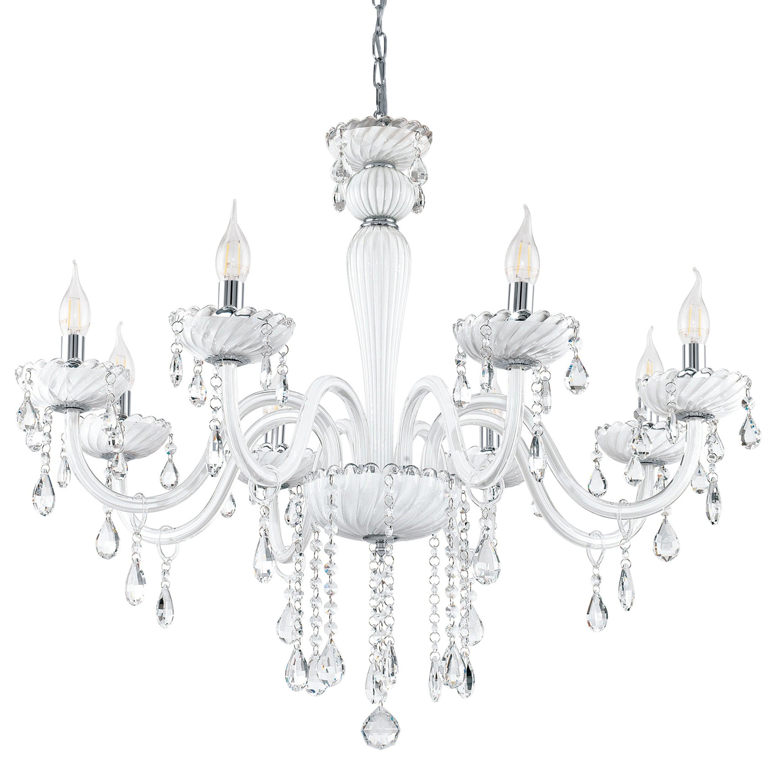 eglo carpento 8 light chrome white glass chandelier living room close up