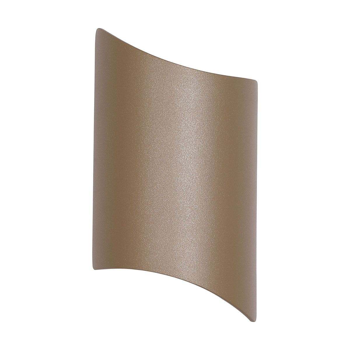 Shard gold outdoor wall light unlit on white, sculpted curved metal plate with textured finish