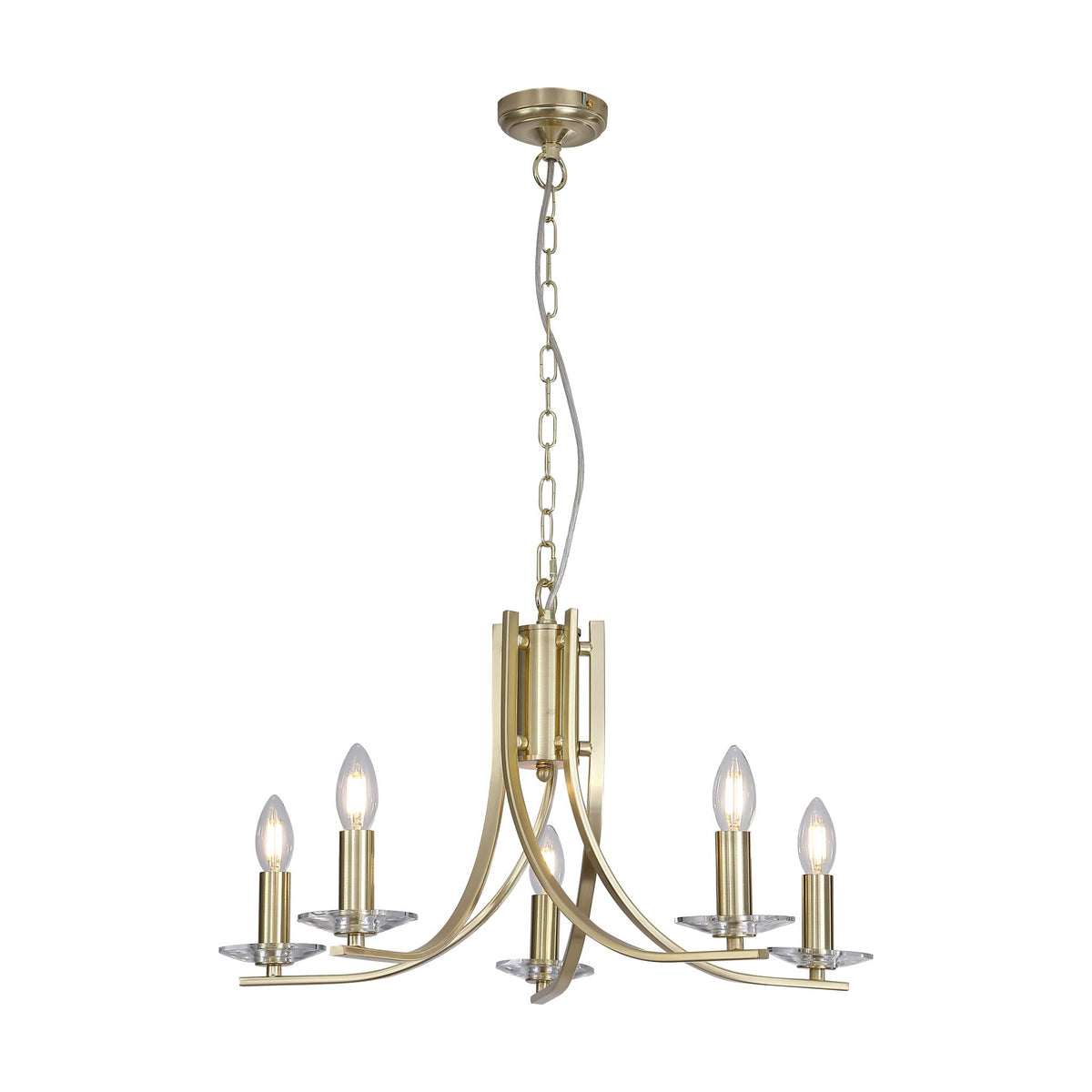 Ascona 5-light chandelier lit in satin brass with curved arms, candle bulbs and glass discs