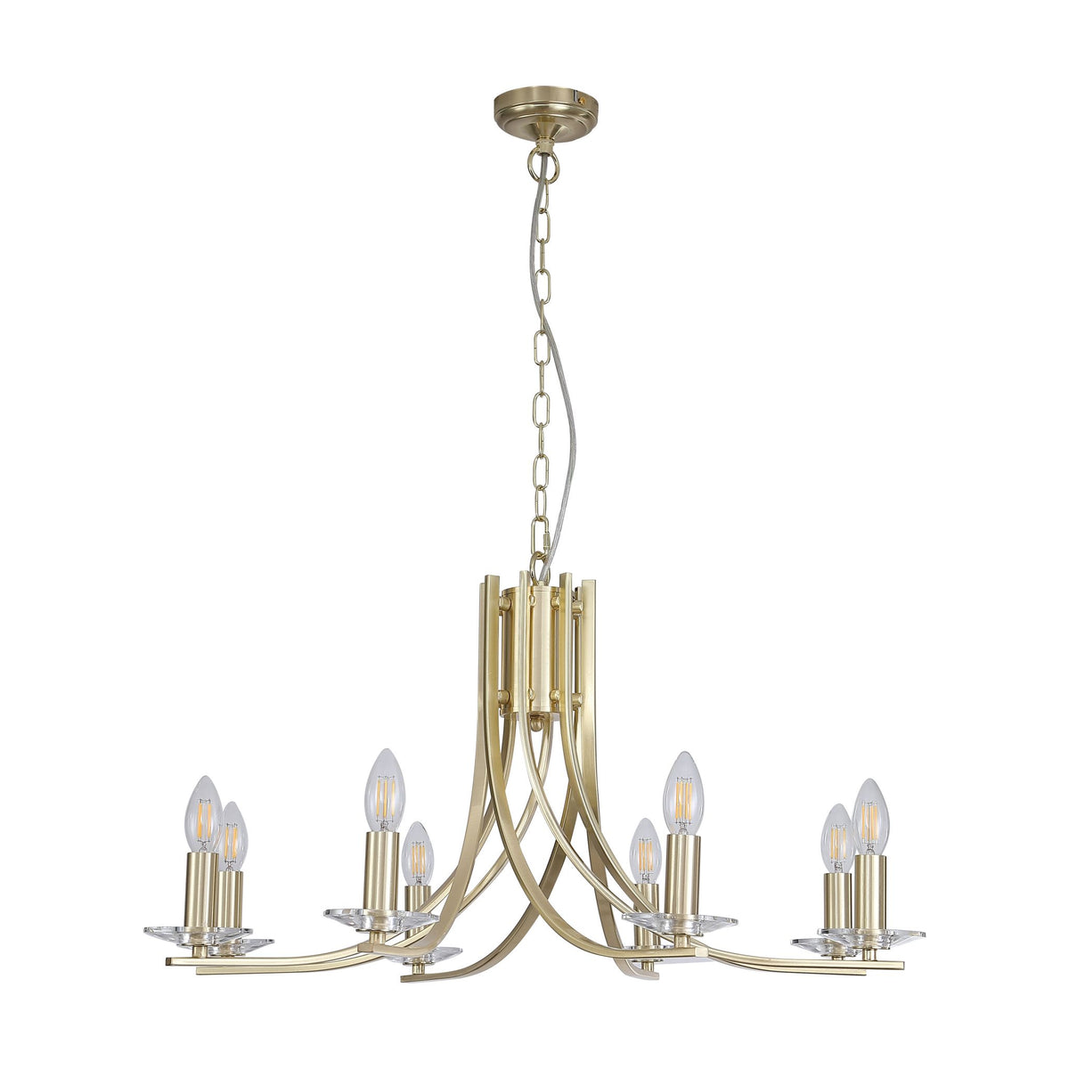 Ascona 8-light satin brass chandelier unlit on white, curved arms and clear glass bobeches