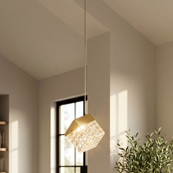 Cuboid, Satin Brass, LED Pendant - Clear Acrylic Shade