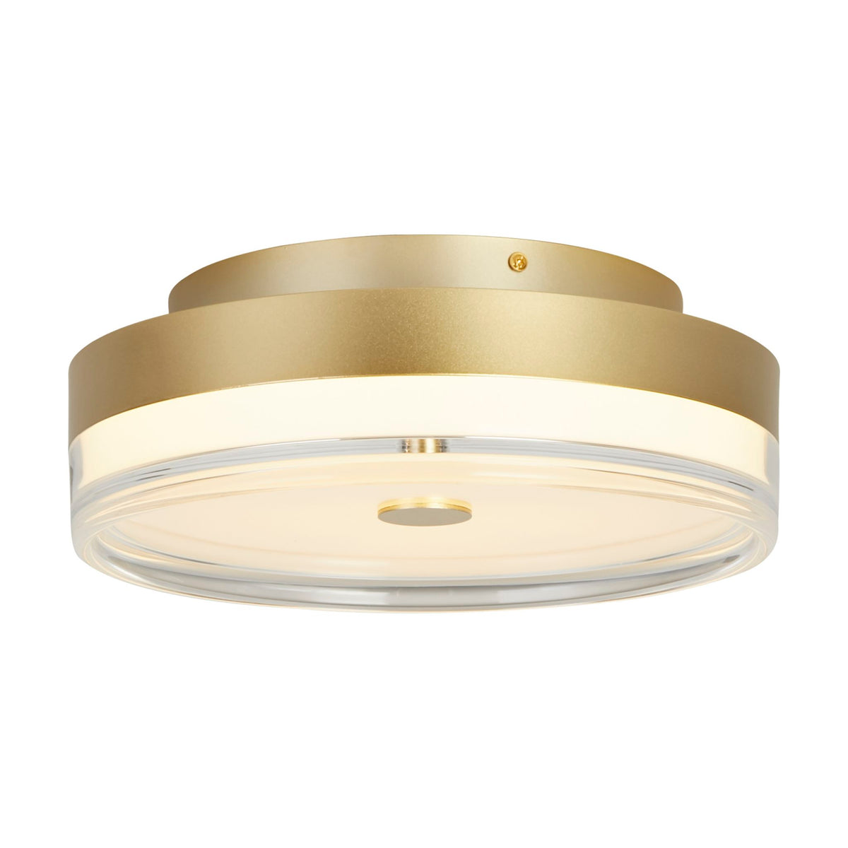 Cyprus gold metal flush ceiling light glowing warm through its clear-edged opal drum diffuser