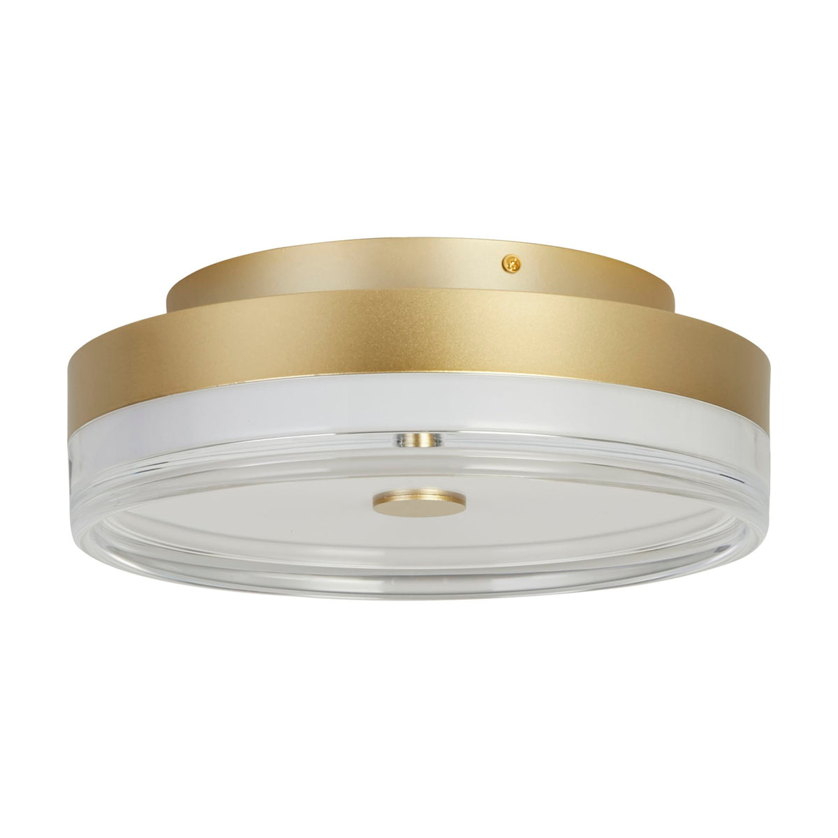 Cyprus gold flush ceiling light unlit, brushed gold drum with clear rim and opal diffuser on white studio background