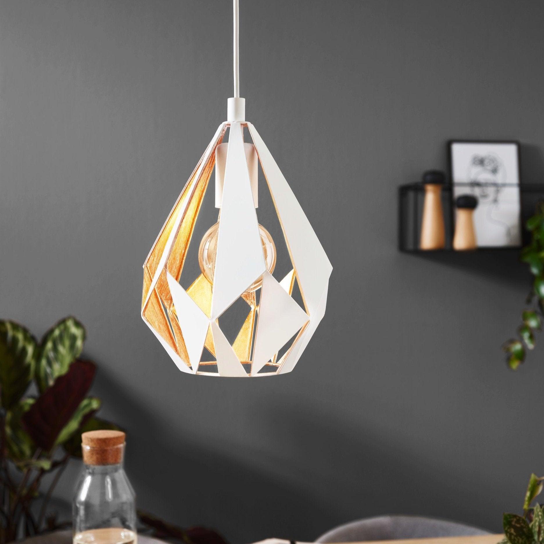 eglo carlton 1 white diamond shaped metal ceiling pendant Kitchen Lighting Close Up