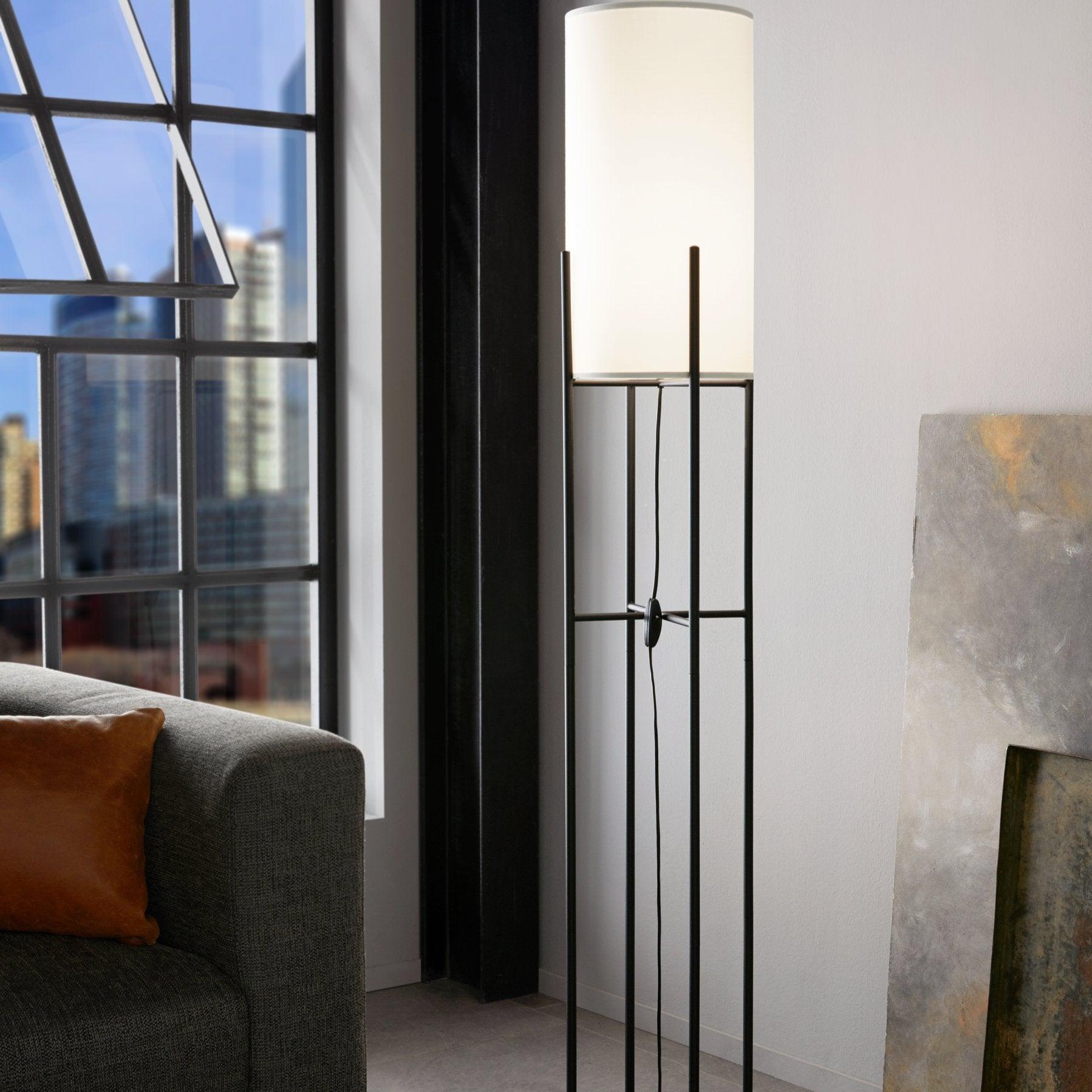 eglo glastonbury black metal floor lamp with white fabric shade