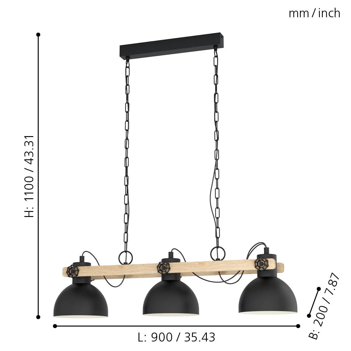 eglo lubenham black metal industrial 3 light ceiling pendant living room close up