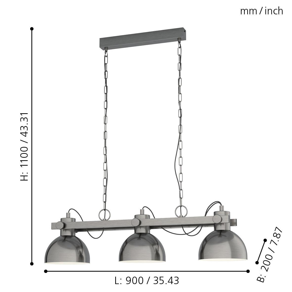 eglo lubenham 1 nickel 3 light industrial ceiling pendant living room close up