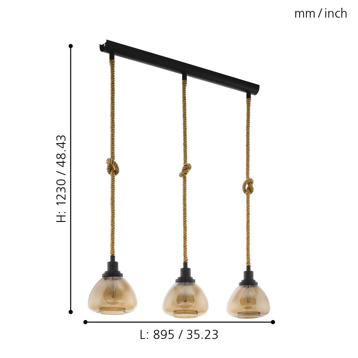 eglo rampside 3 light rope ceiling pendant amber glass shades living room close up