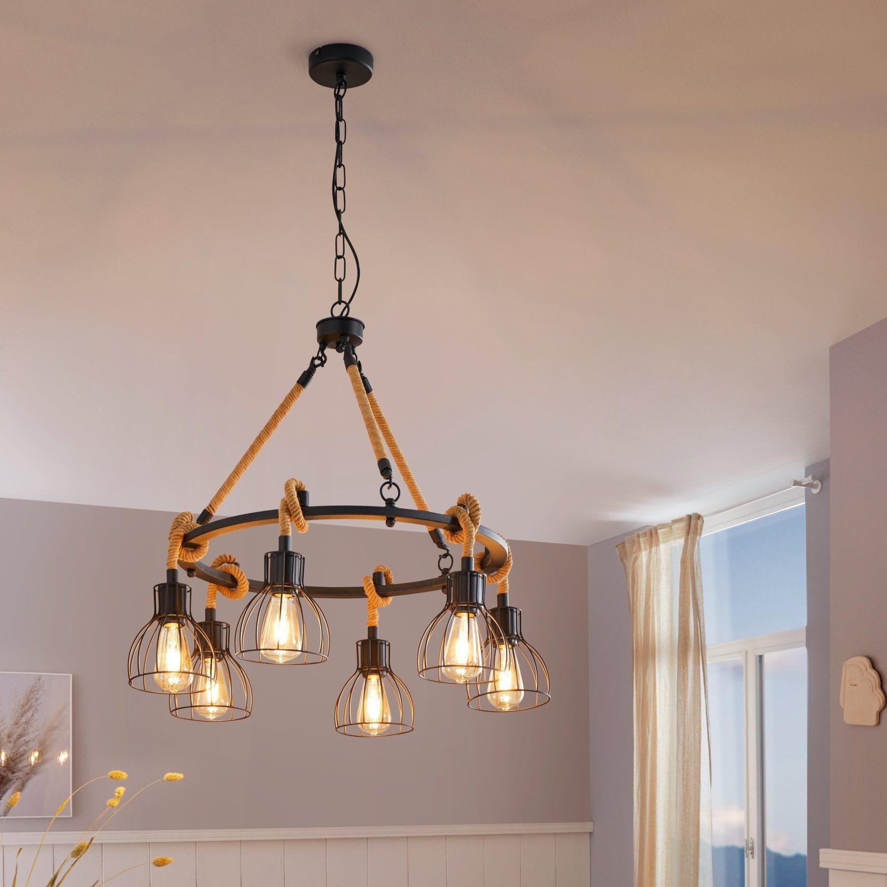 eglo rampside rope 6 light ceiling pendant black wire shades living room image