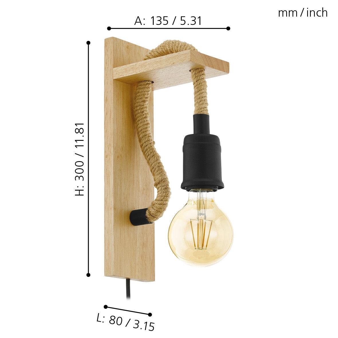 eglo rampside wood hemp rope wall light living room close up