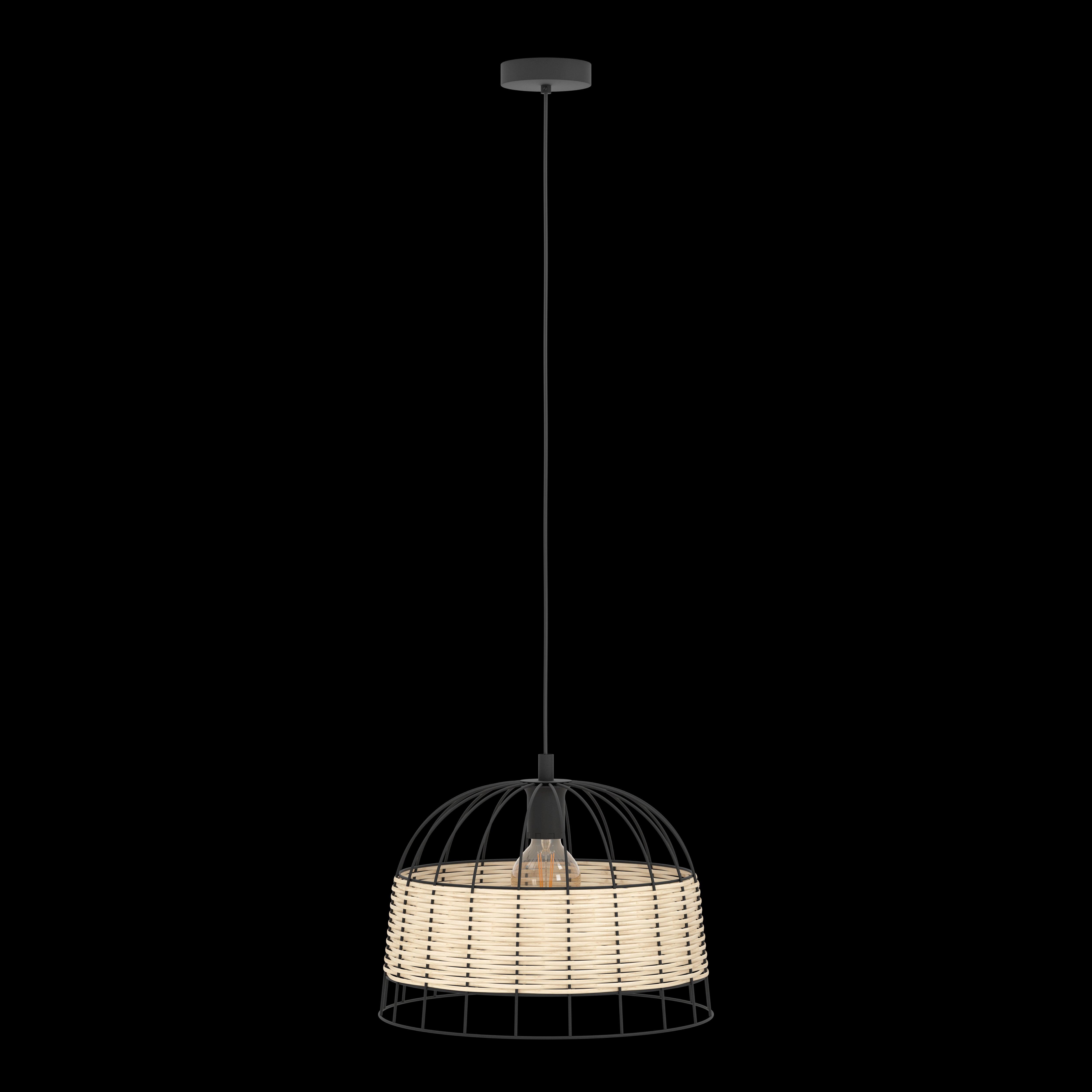 eglo anwick black metal frame woven rattan ceiling pendant living room close up