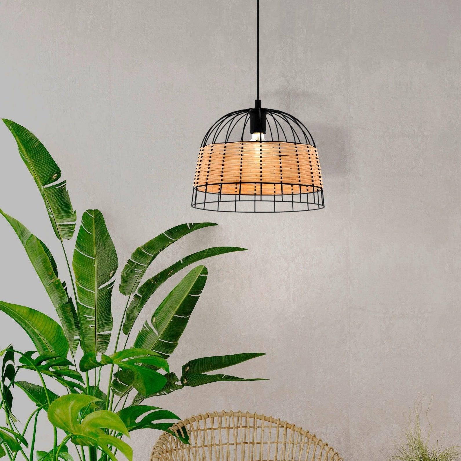 eglo anwick black metal frame woven rattan ceiling pendant