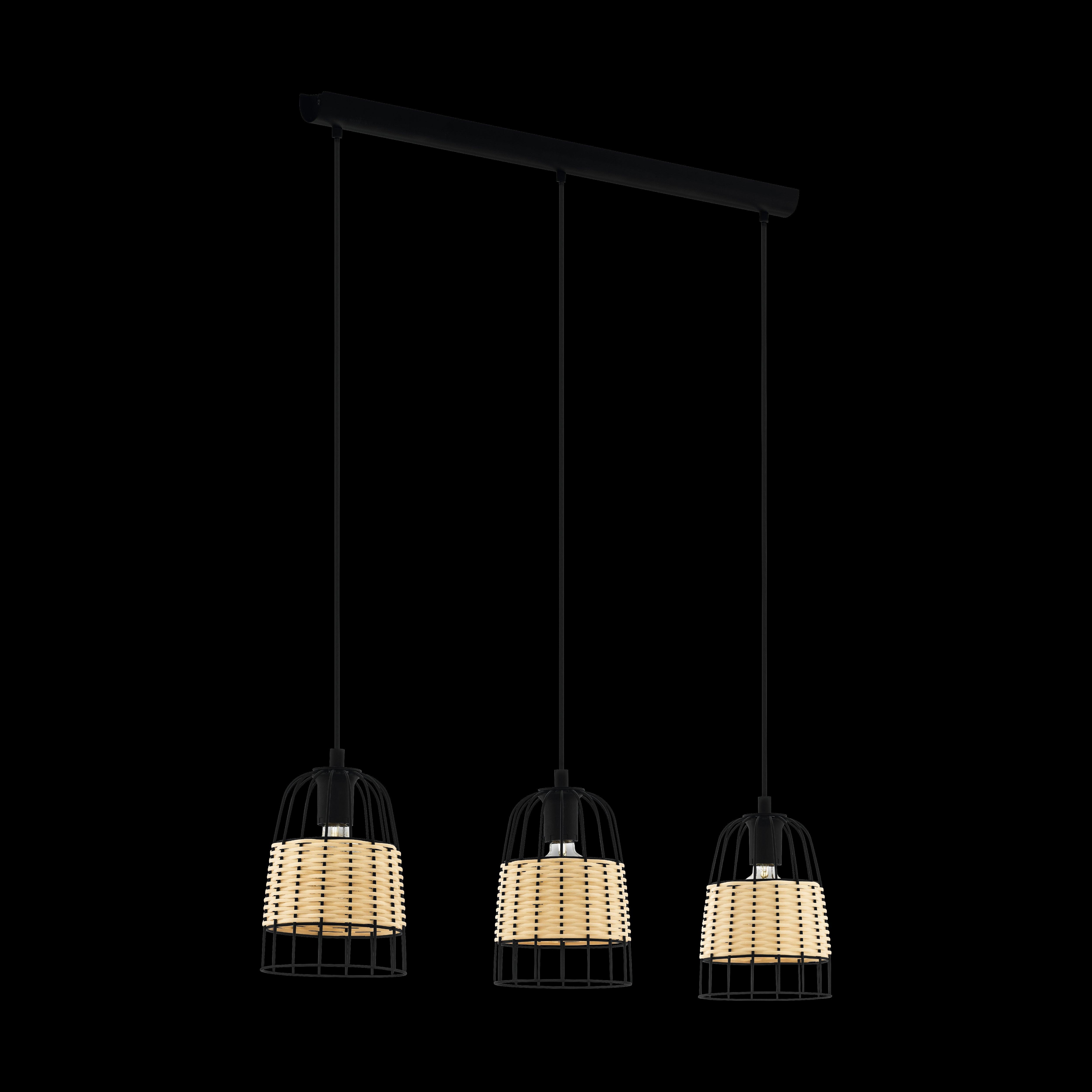 eglo anwick 3 light black frame rattan ceiling pendant living room close up
