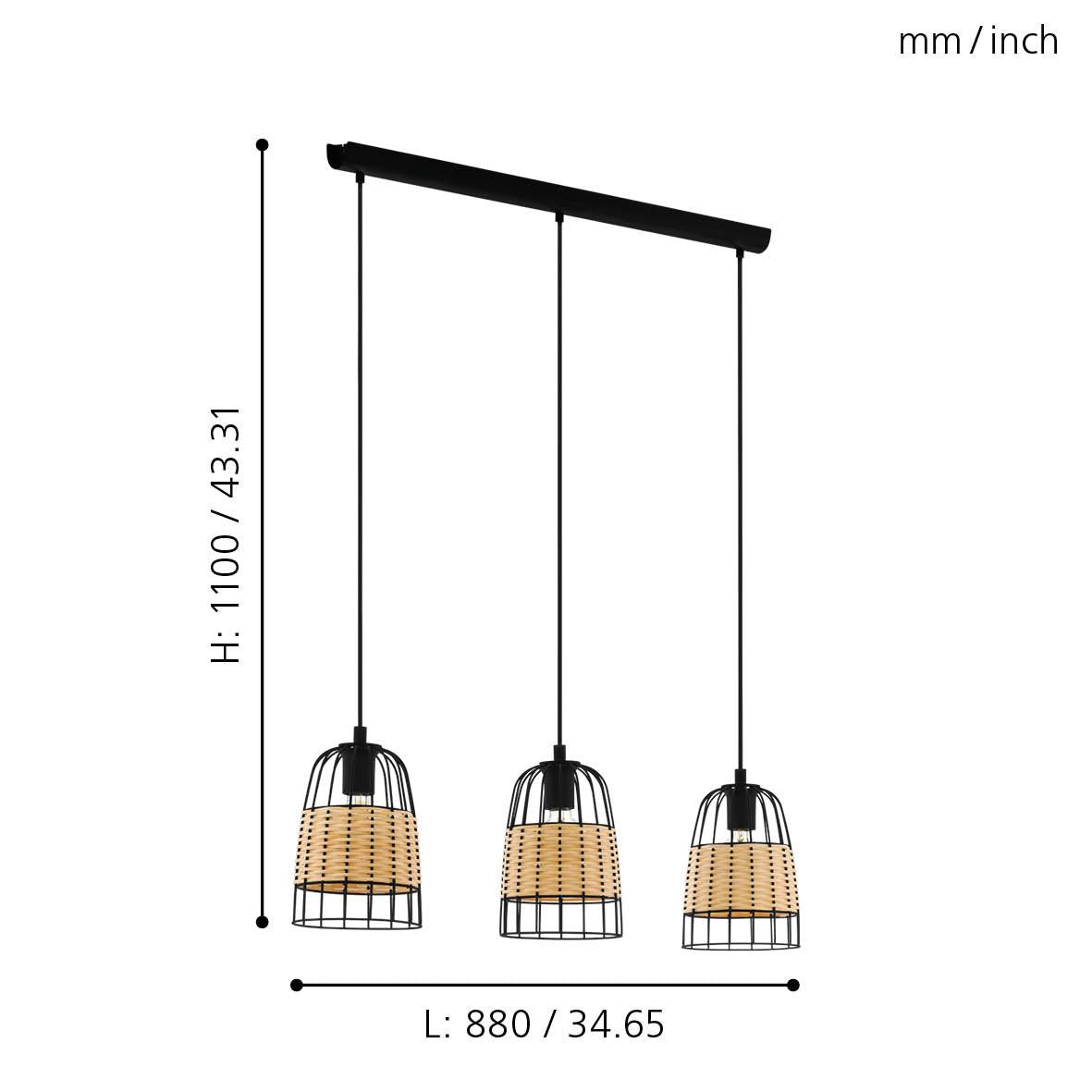 eglo anwick 3 light black frame rattan ceiling pendant kitchen lighting 