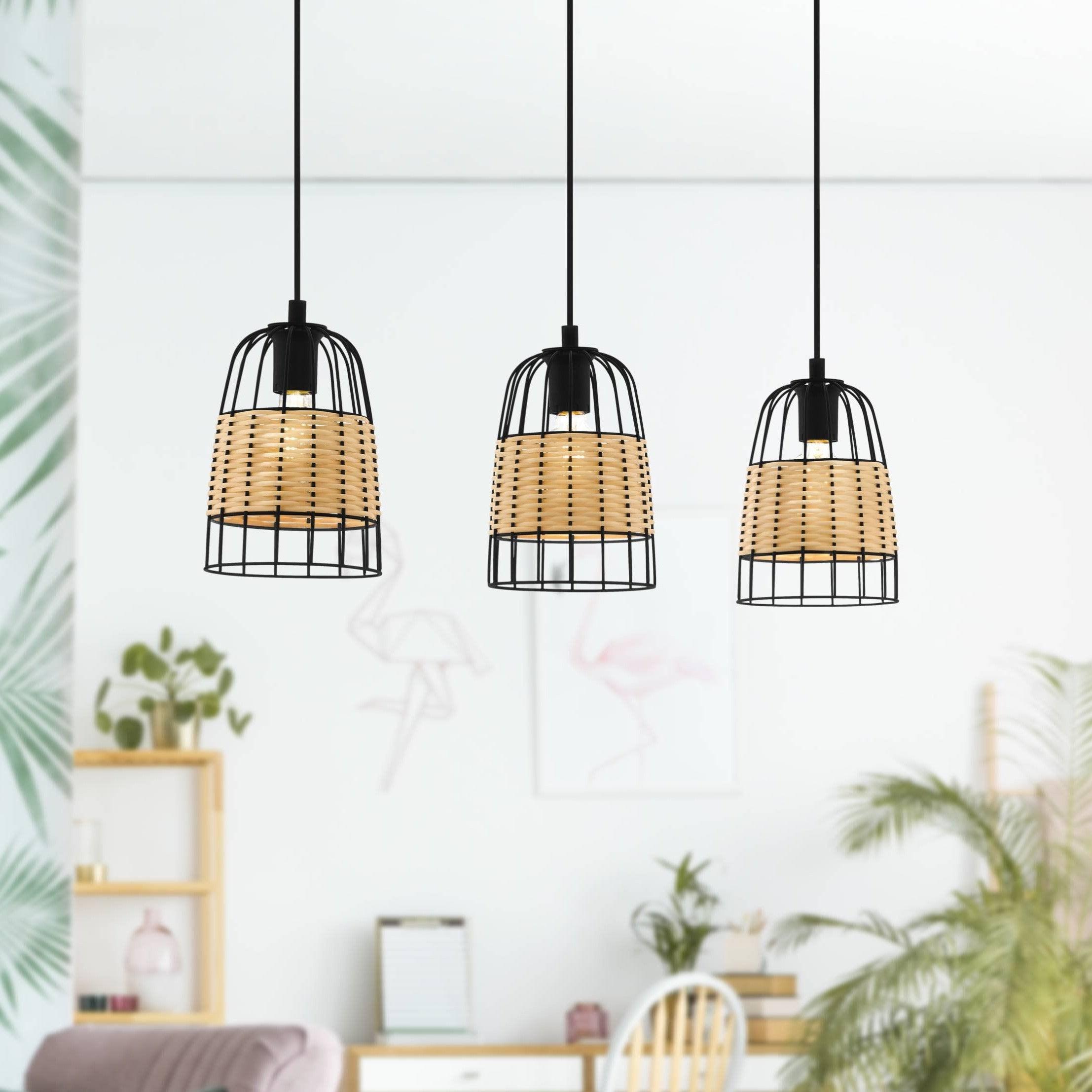 eglo anwick 3 light black frame rattan ceiling pendant