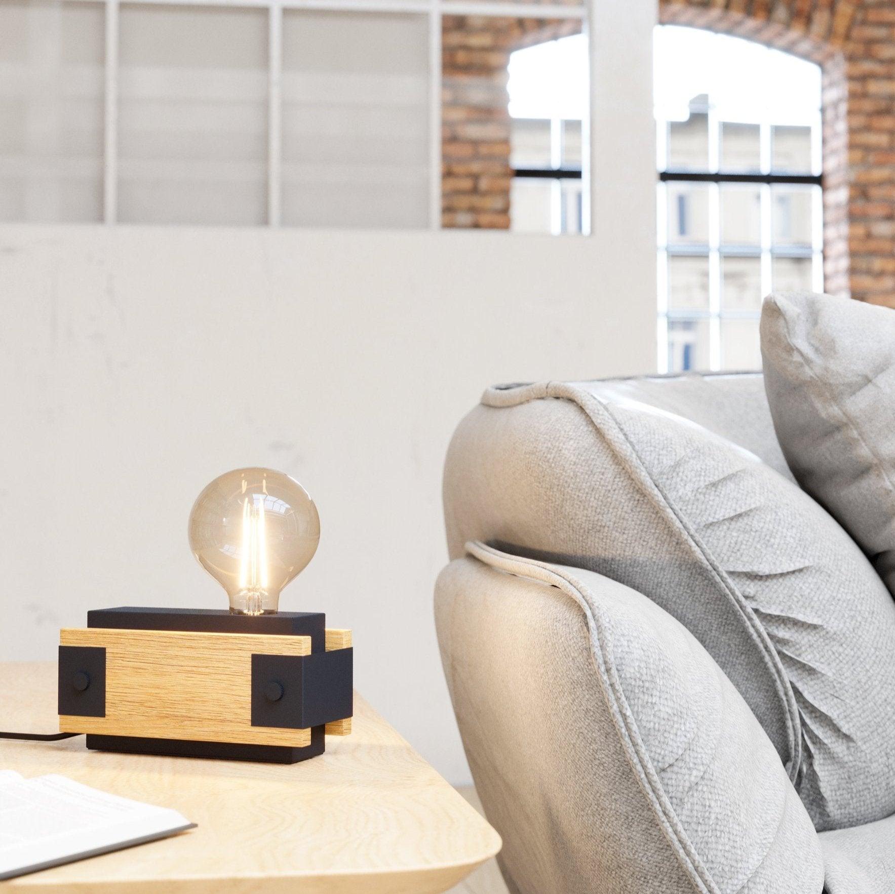 eglo layham black metal burnt wood table lamp