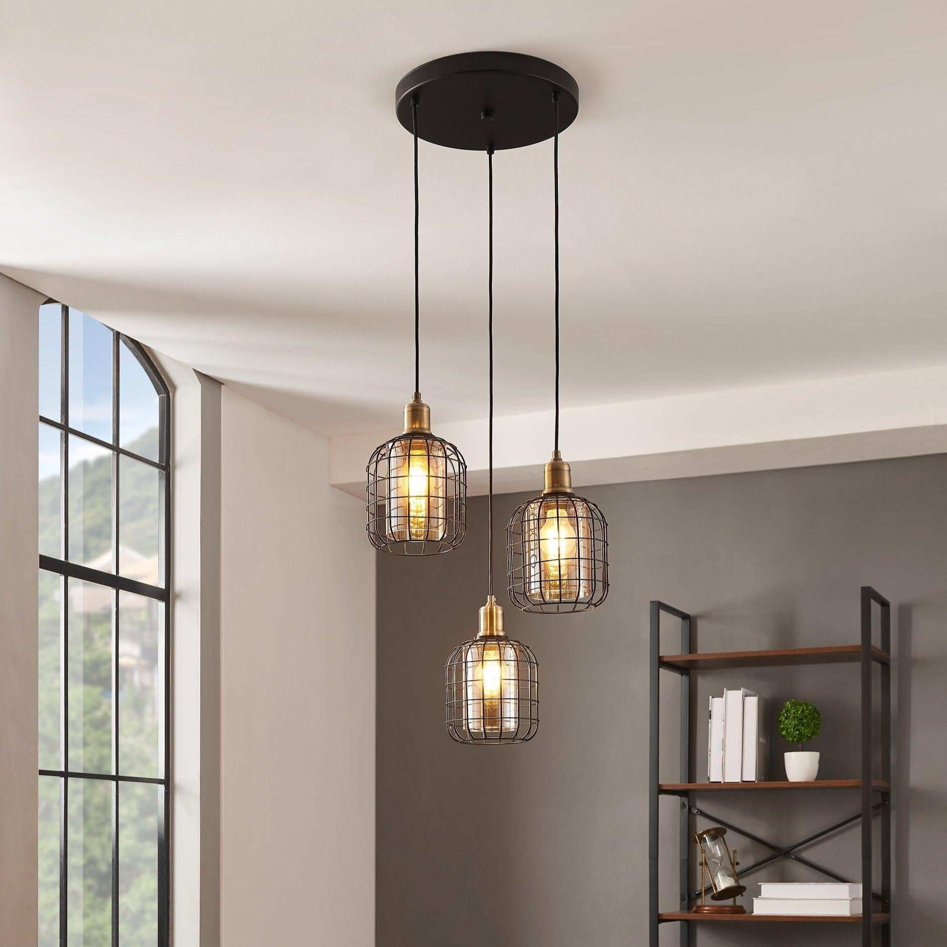 eglo chisle 3 light black wire amber glass shaded pendant