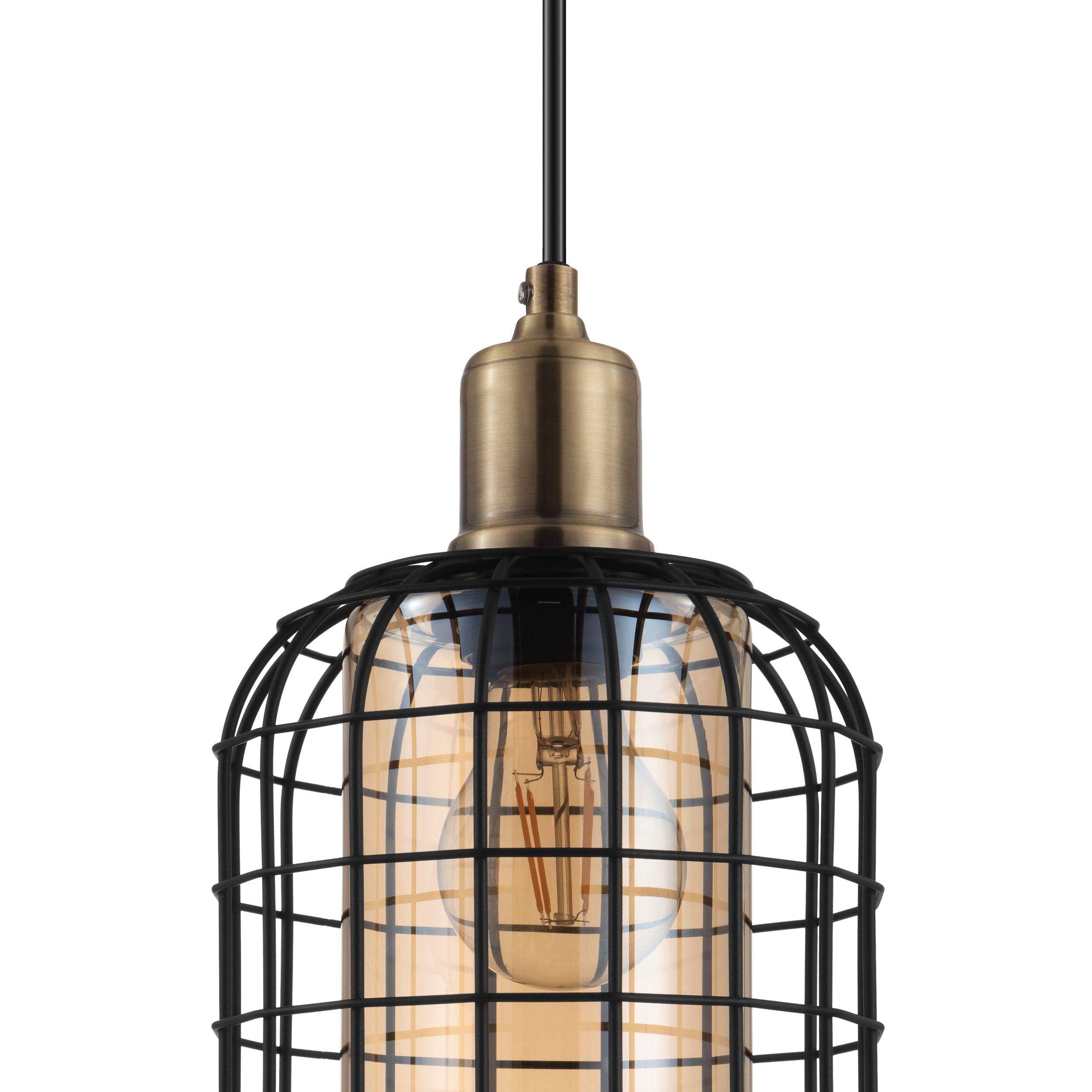 eglo chisle 4 light black wire amber glass shade pendant Kitchen Lighting Close Up