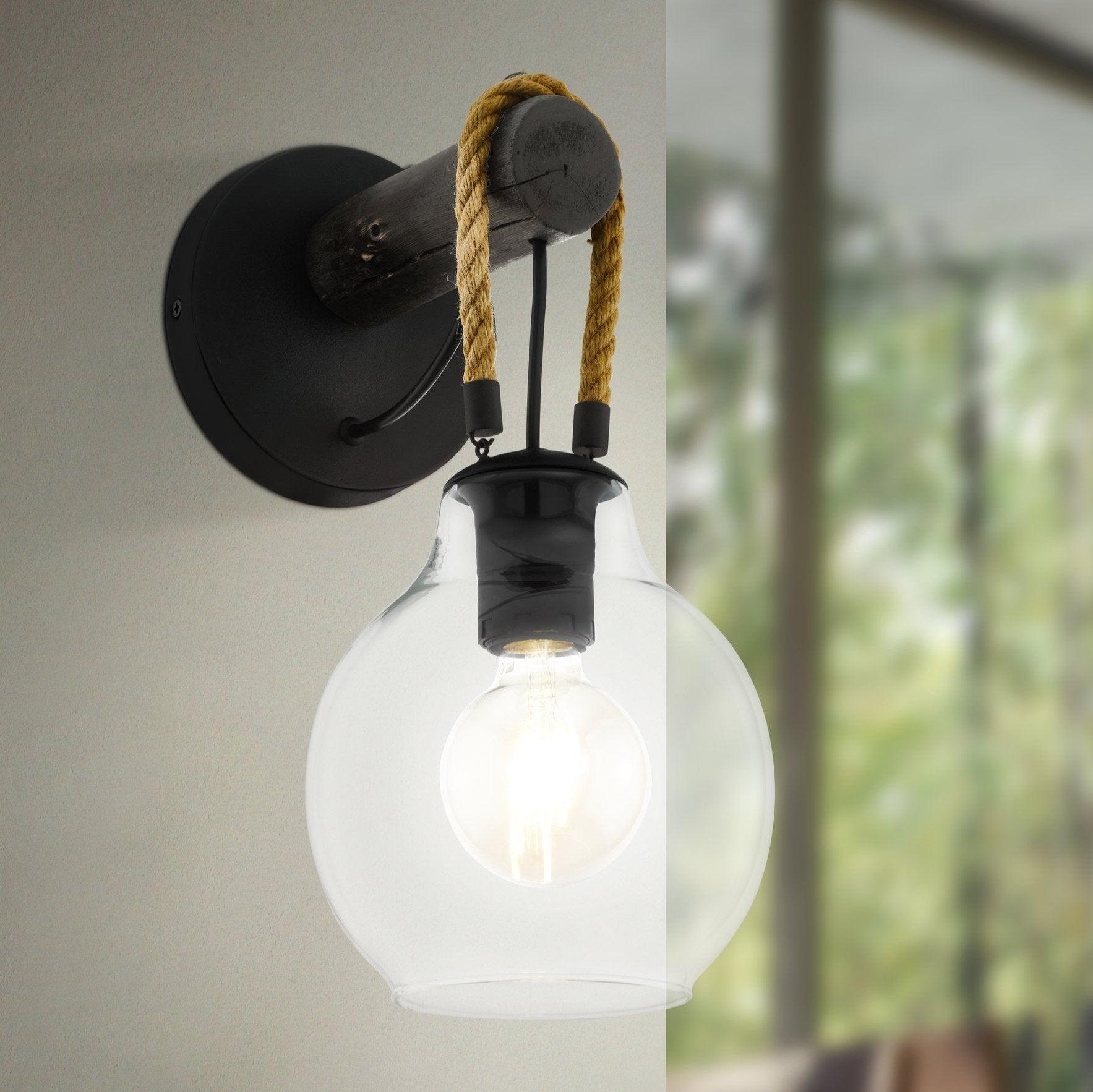 eglo roding black rope wall light glass shade