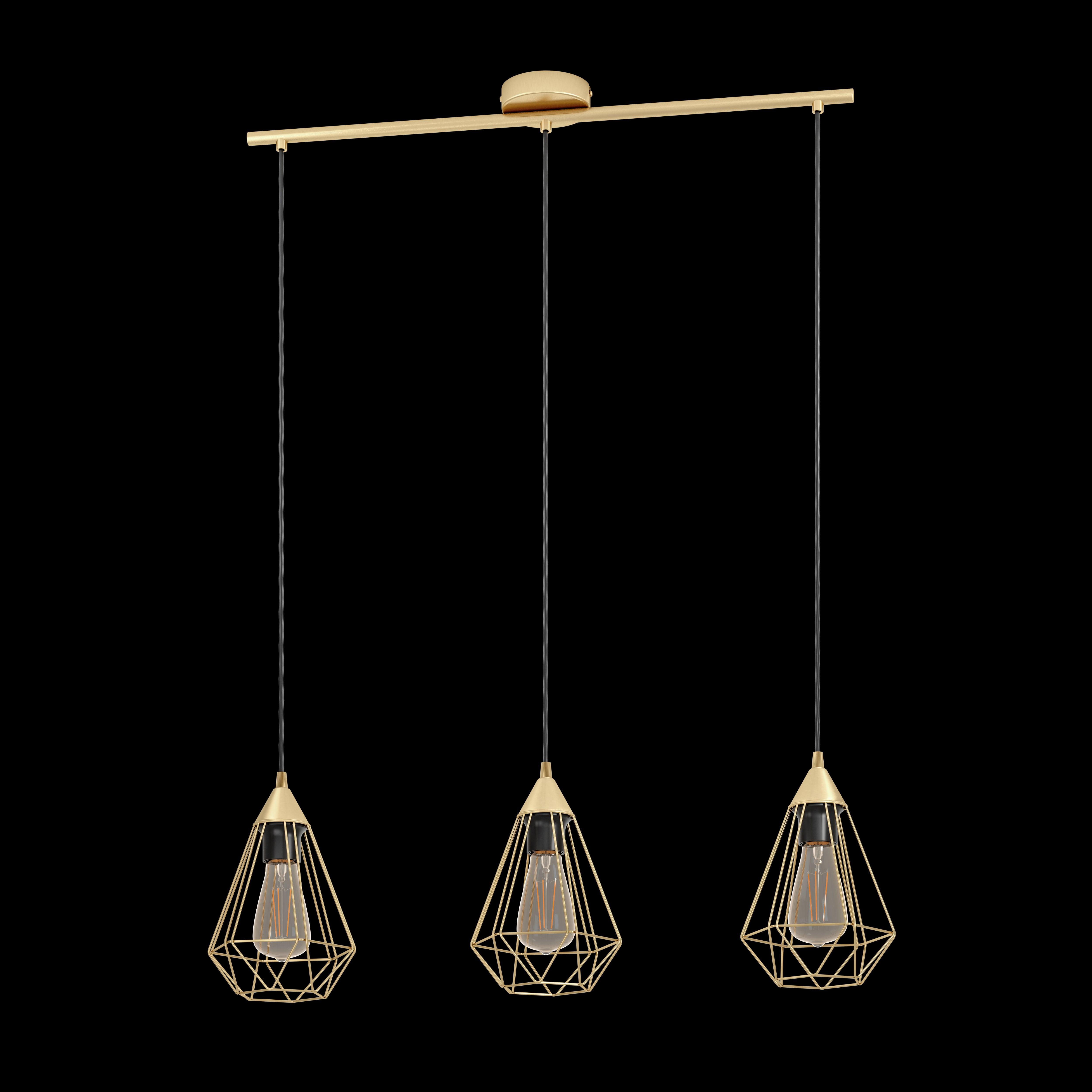 eglo tarbes 3 light brass wire geometric shaped ceiling pendant living room close up
