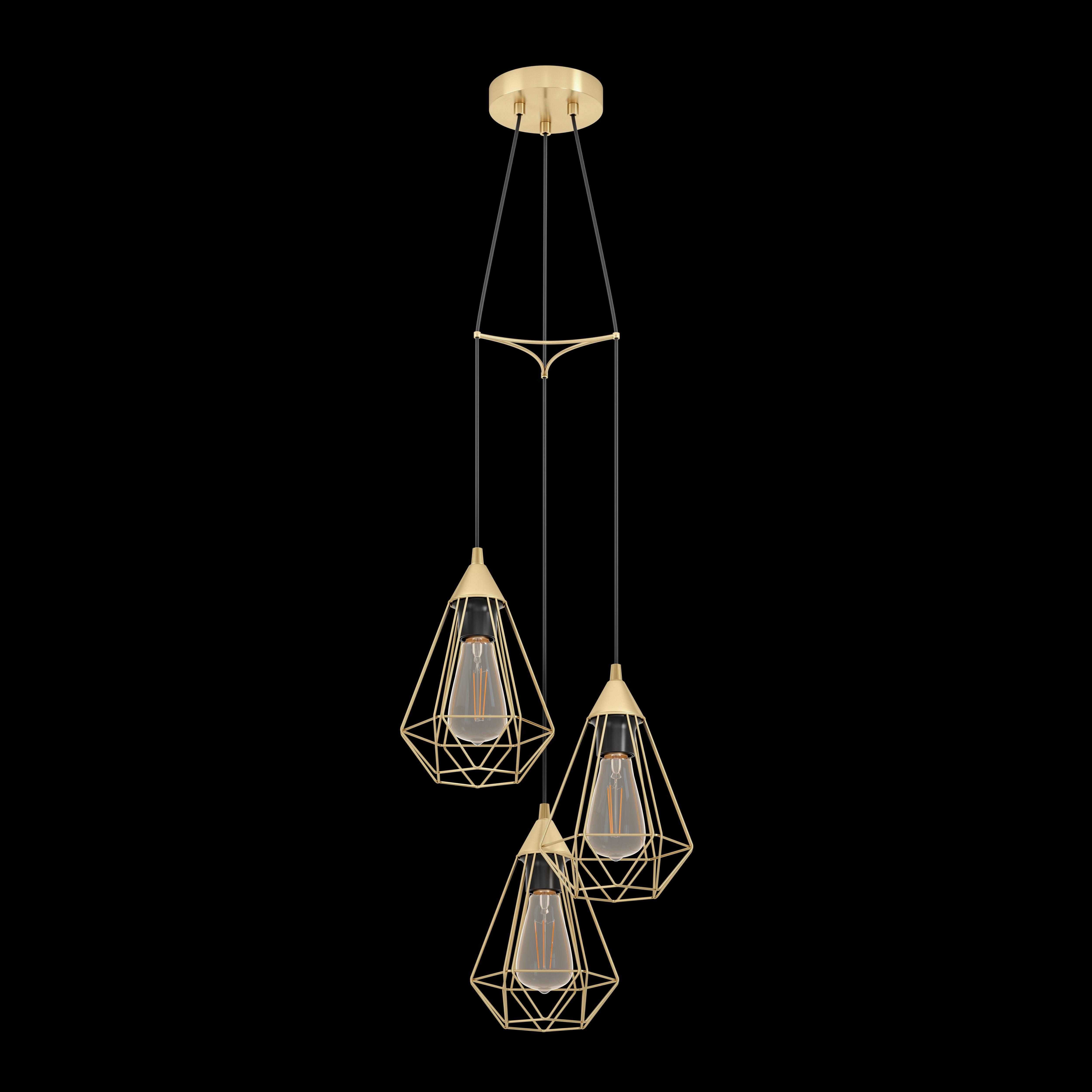 eglo tarbes 3 light brass wire geometric ceiling pendant living room close up