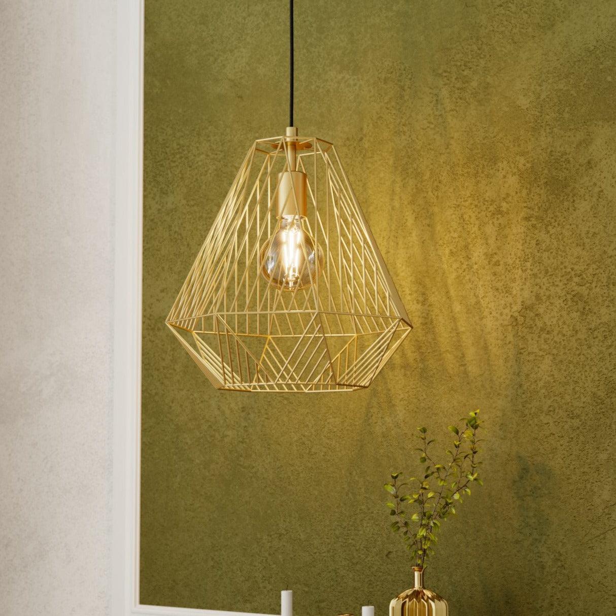 eglo stype gold diamond shaped ceiling pendant living room close up