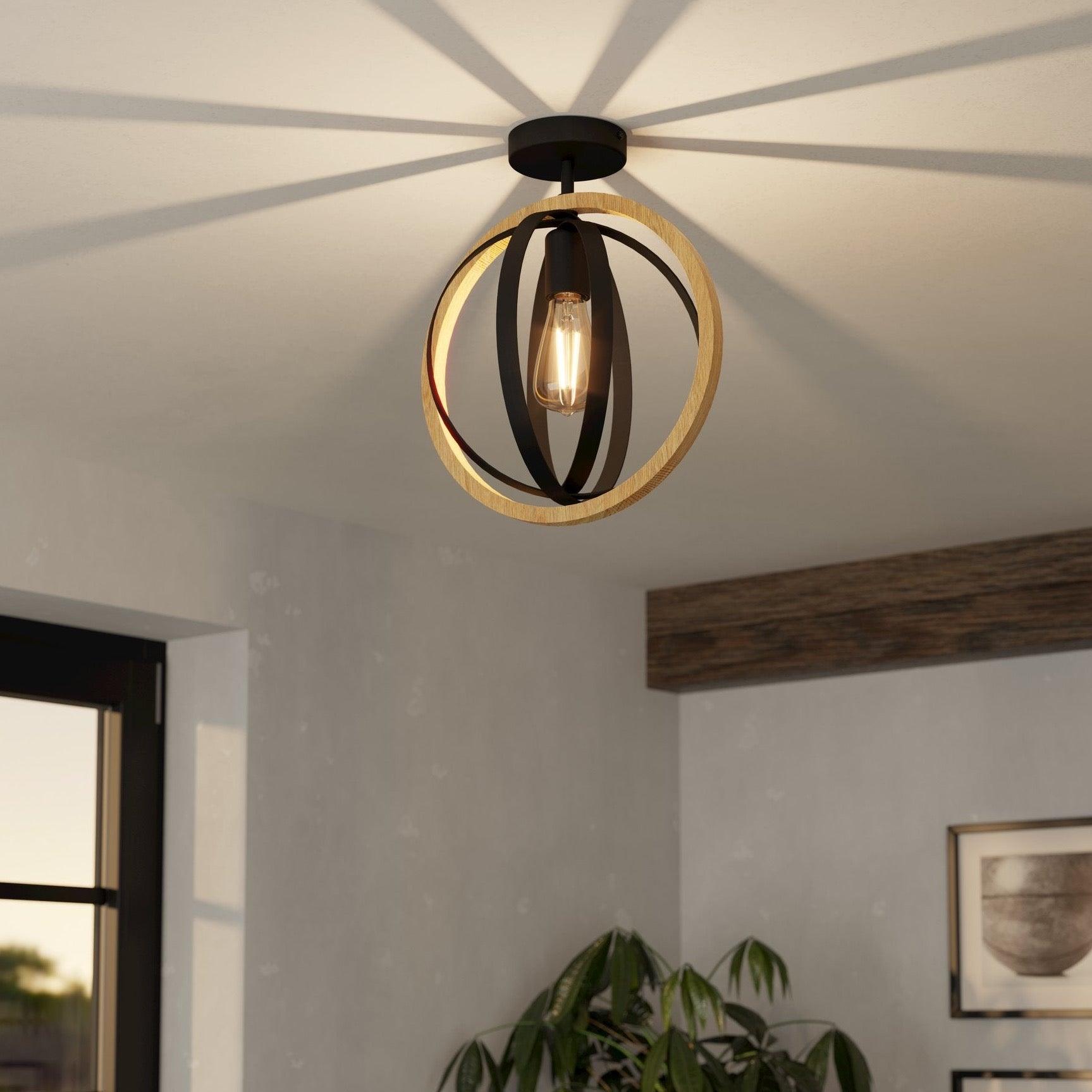 eglo basildon flush black metal wook globe ceiling light