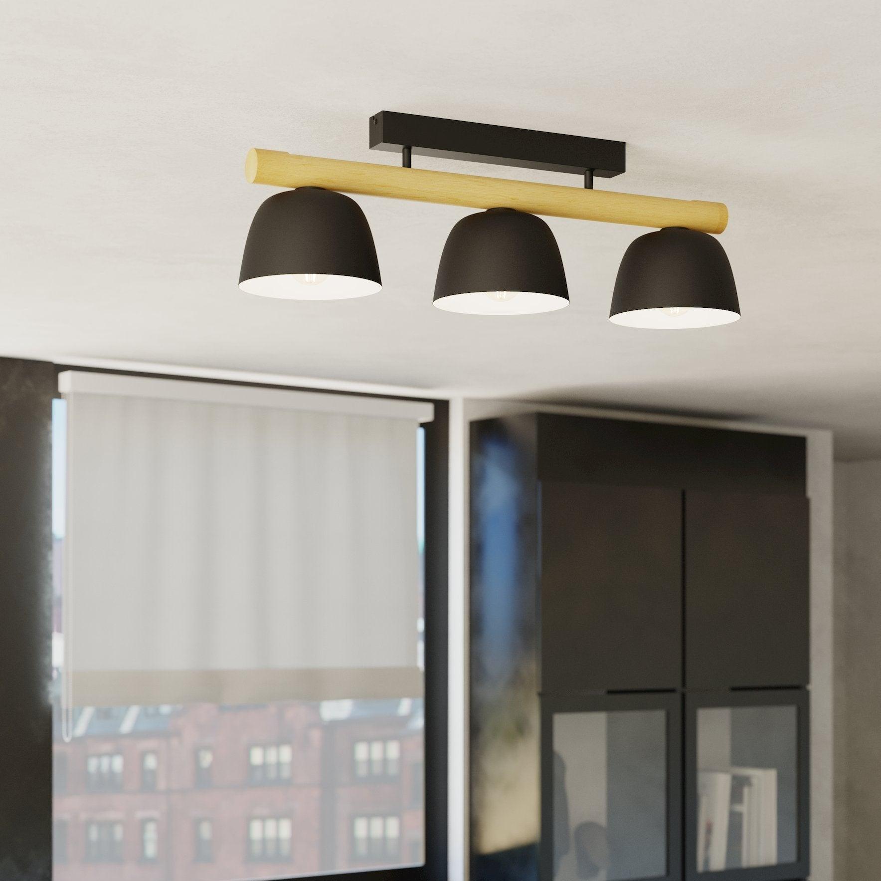 eglo sherburn wooden 3 light flush with black metal shades