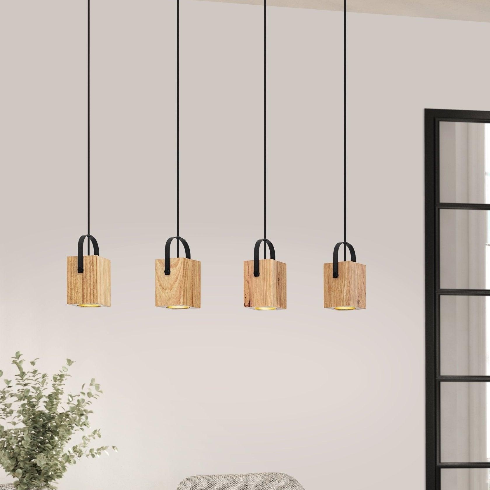 eglo ayles 4 light wood black bar ceiling pendant living room close up