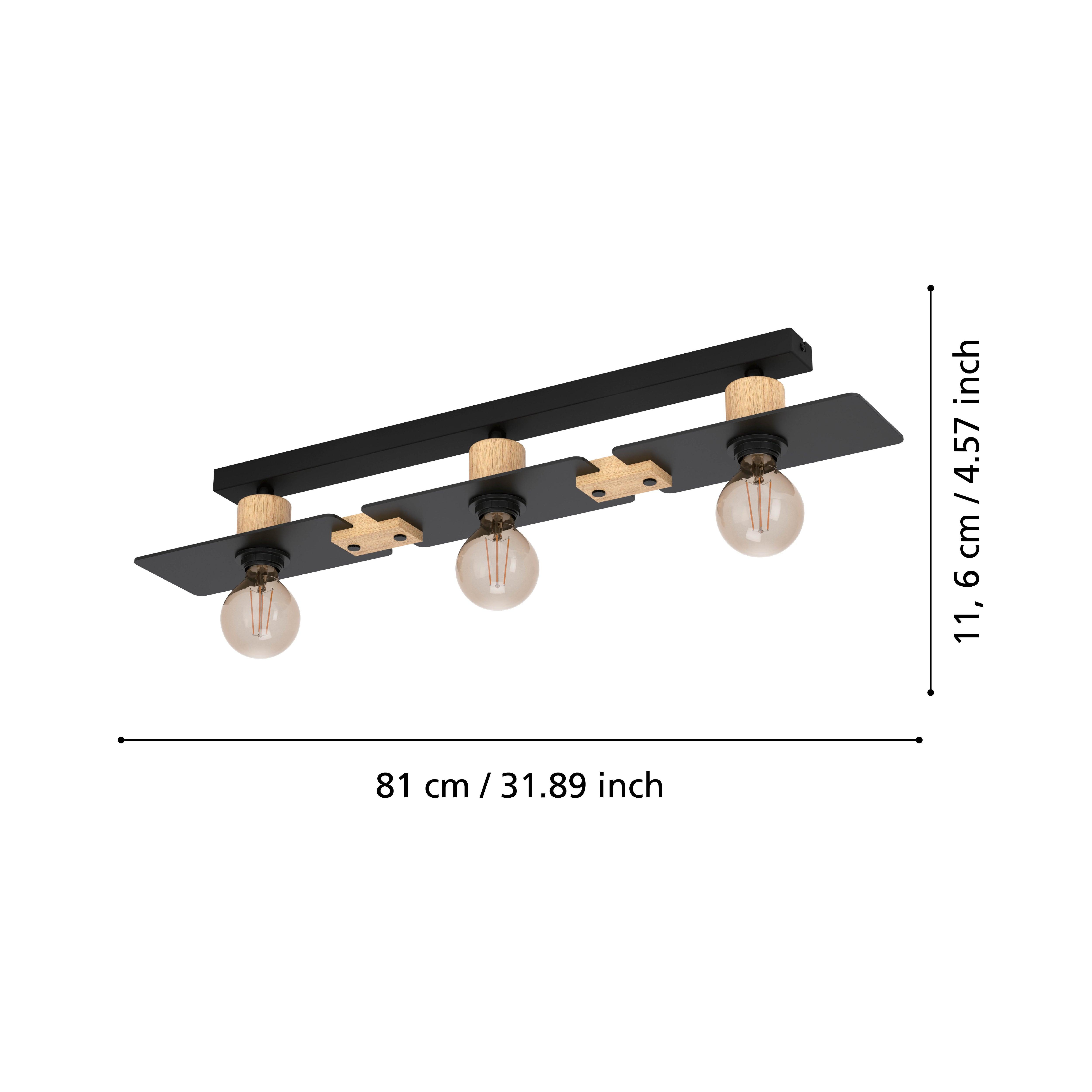 eglo bramerton flush 3 light wood black metal ceiling light living room close up