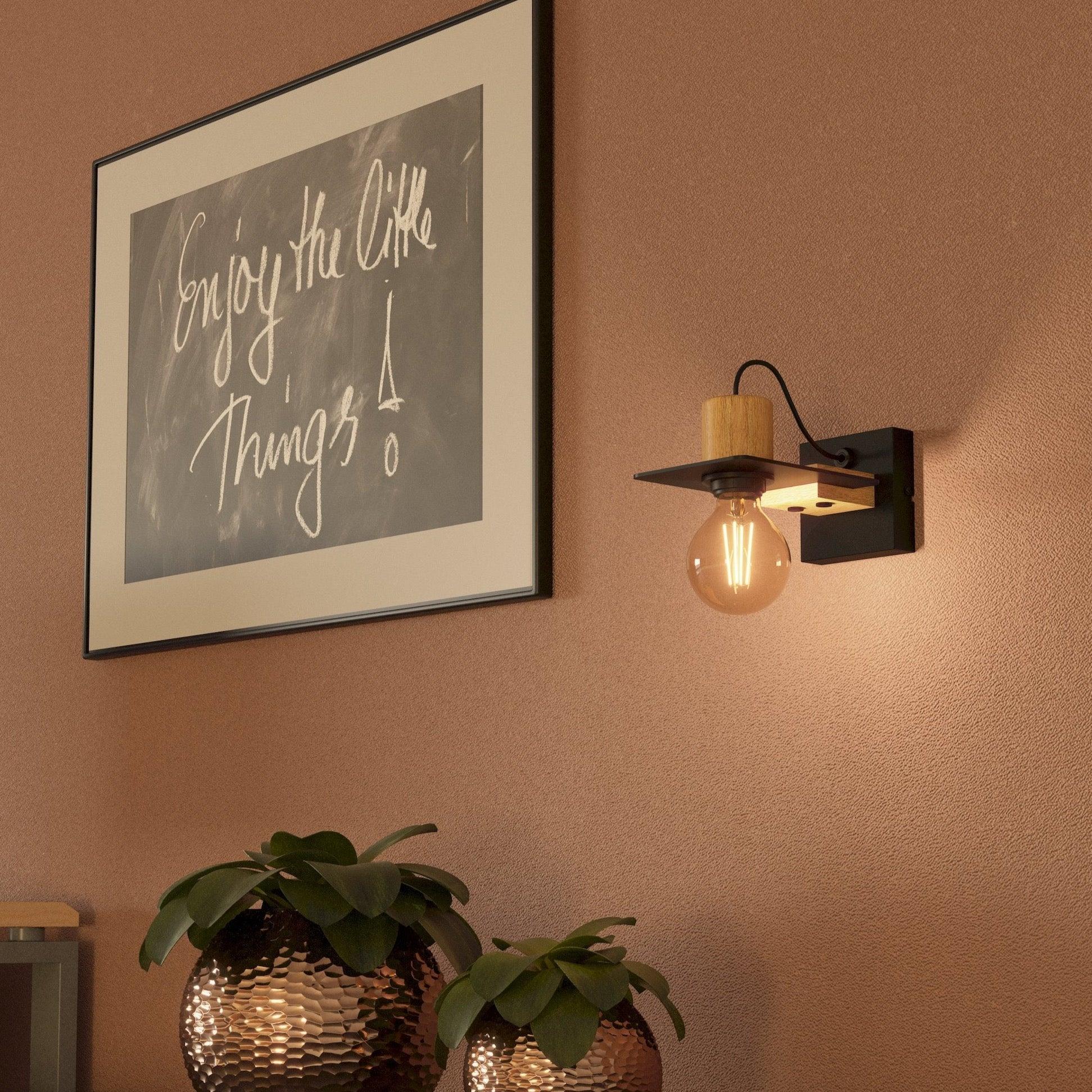 eglo bramerton light wood black wall light