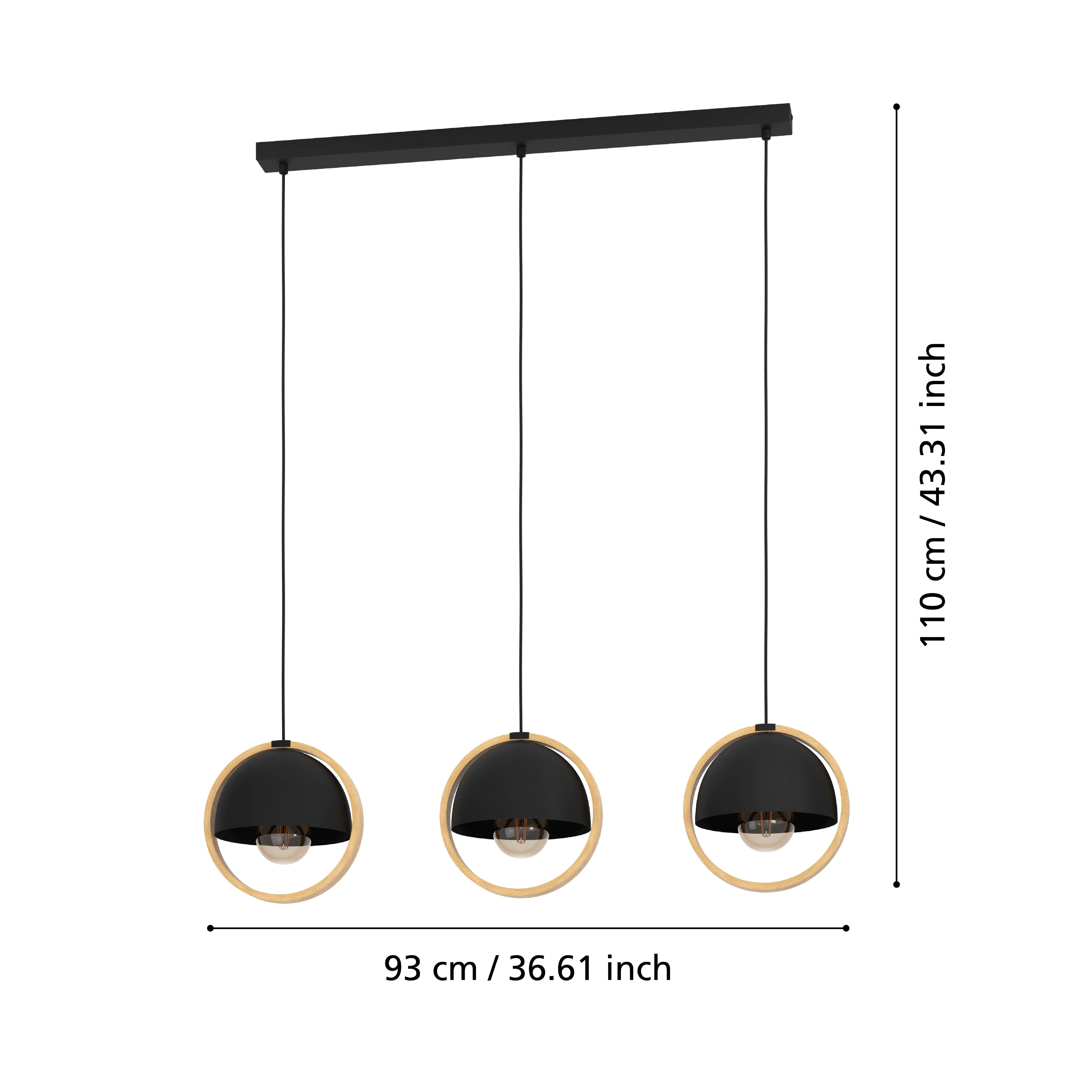 eglo callow 3 light round wood black ceiling pendant living room close up