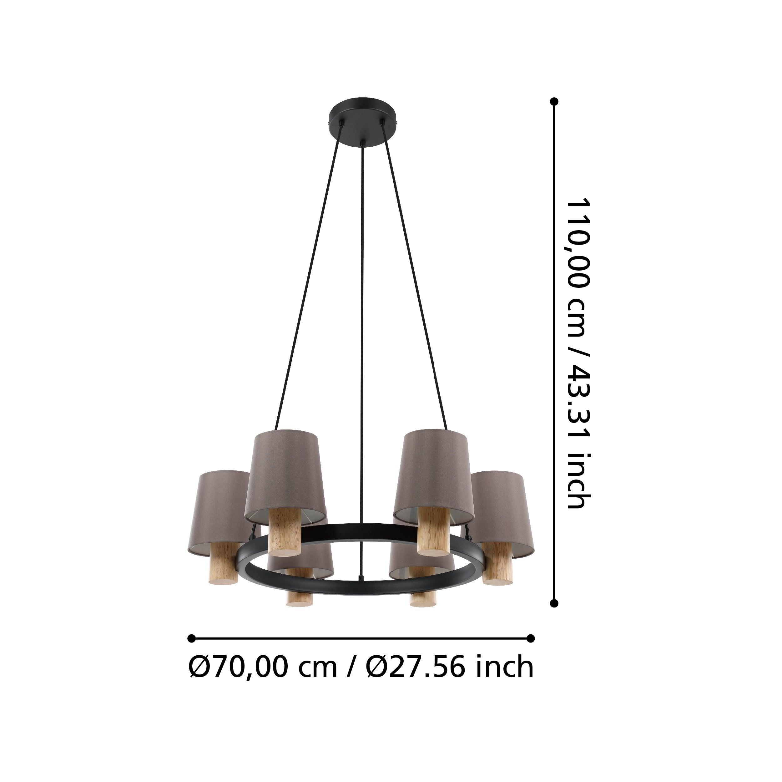 eglo edale 5 light metal wood ceiling pendant brown shades living room close up