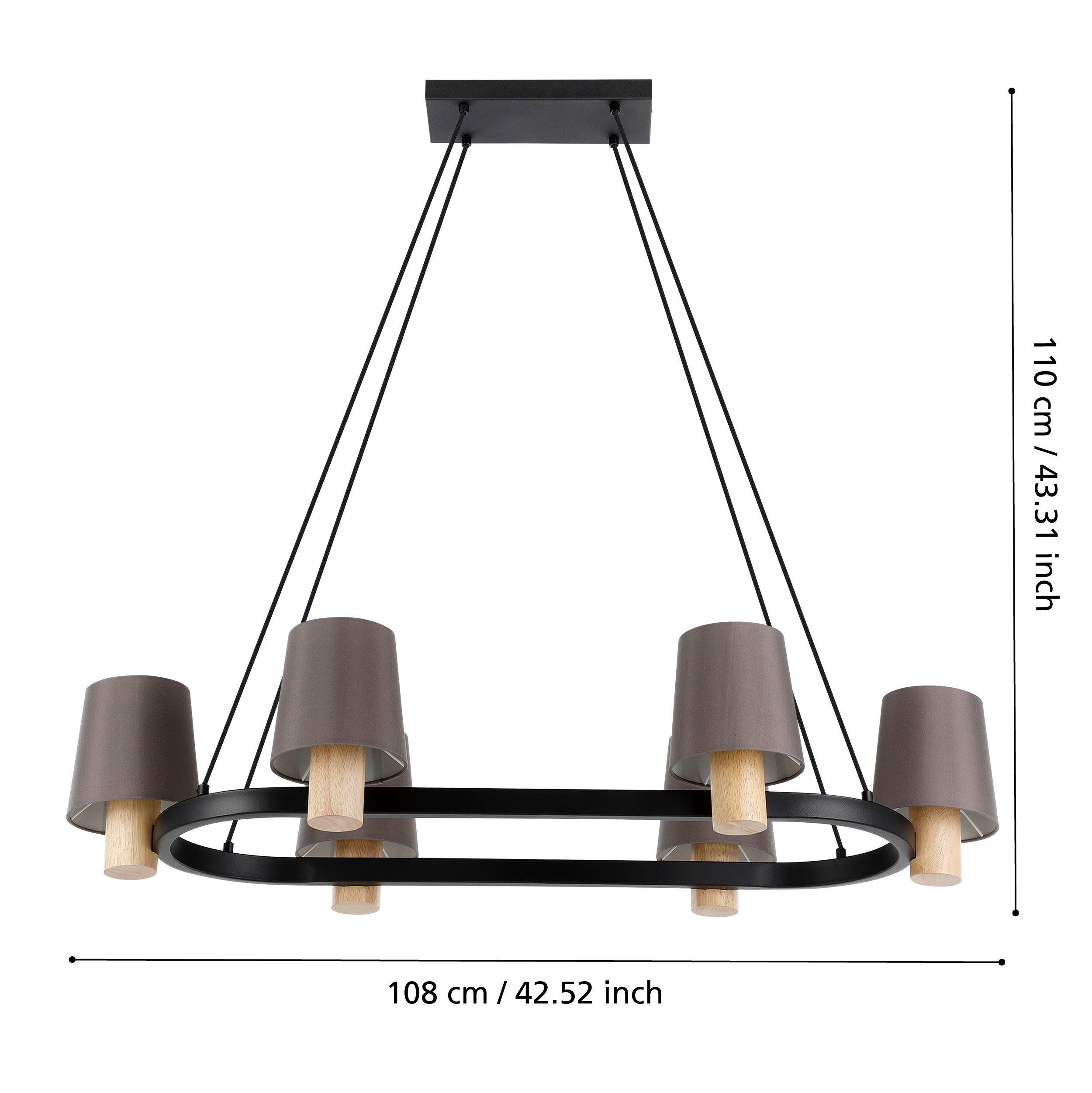 eglo edale 6 light metal wood ceiling pendant brown shades living room close up