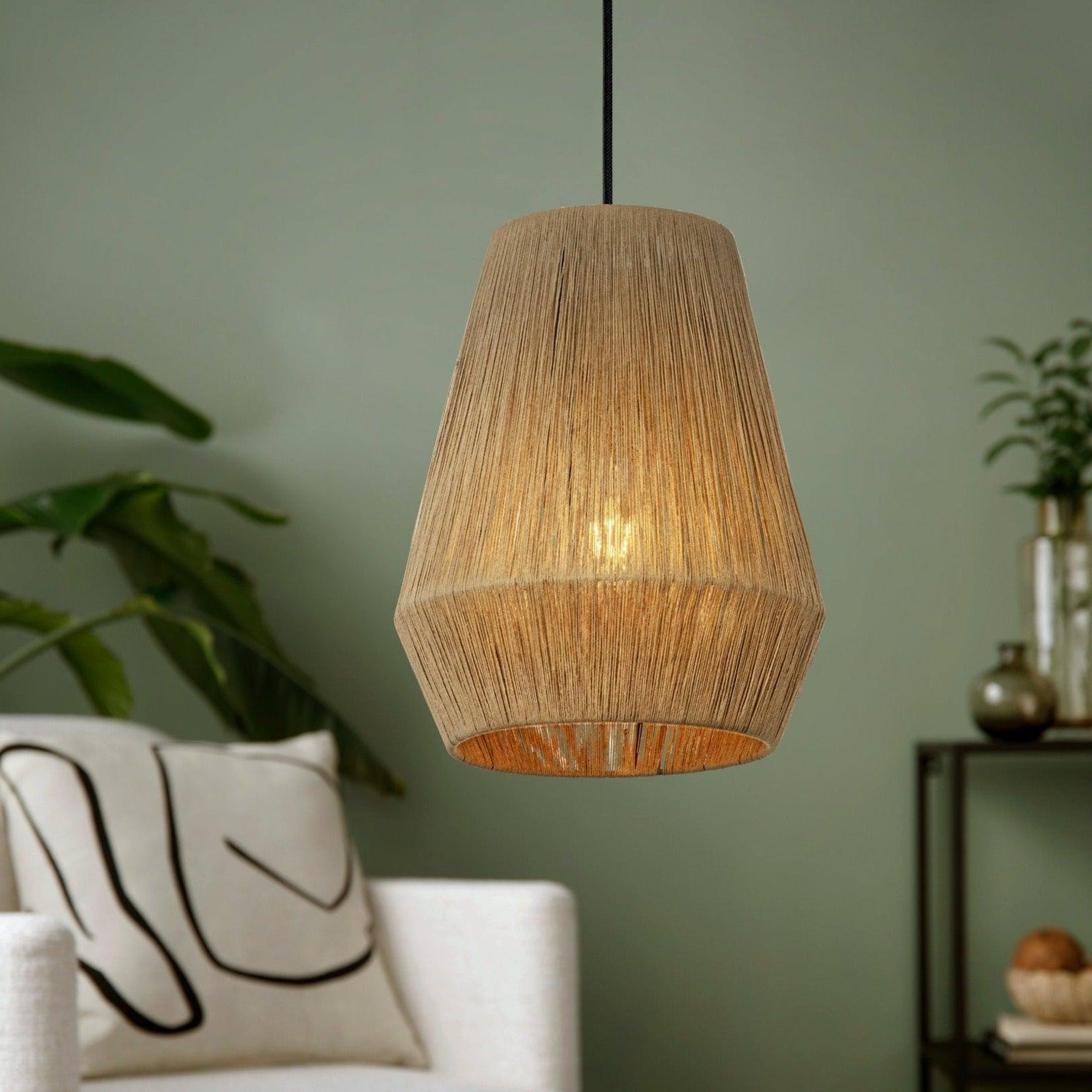 eglo alderney hemp lampshade ceiling pendant living room close up